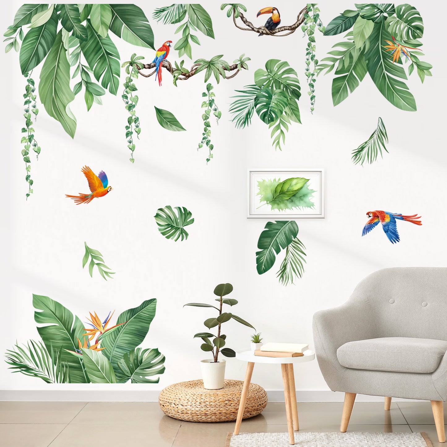decalmile Tropical Jungle Leaves Wall Decals Palm Leaf Hanging Vines Green Plants Wall Stickers