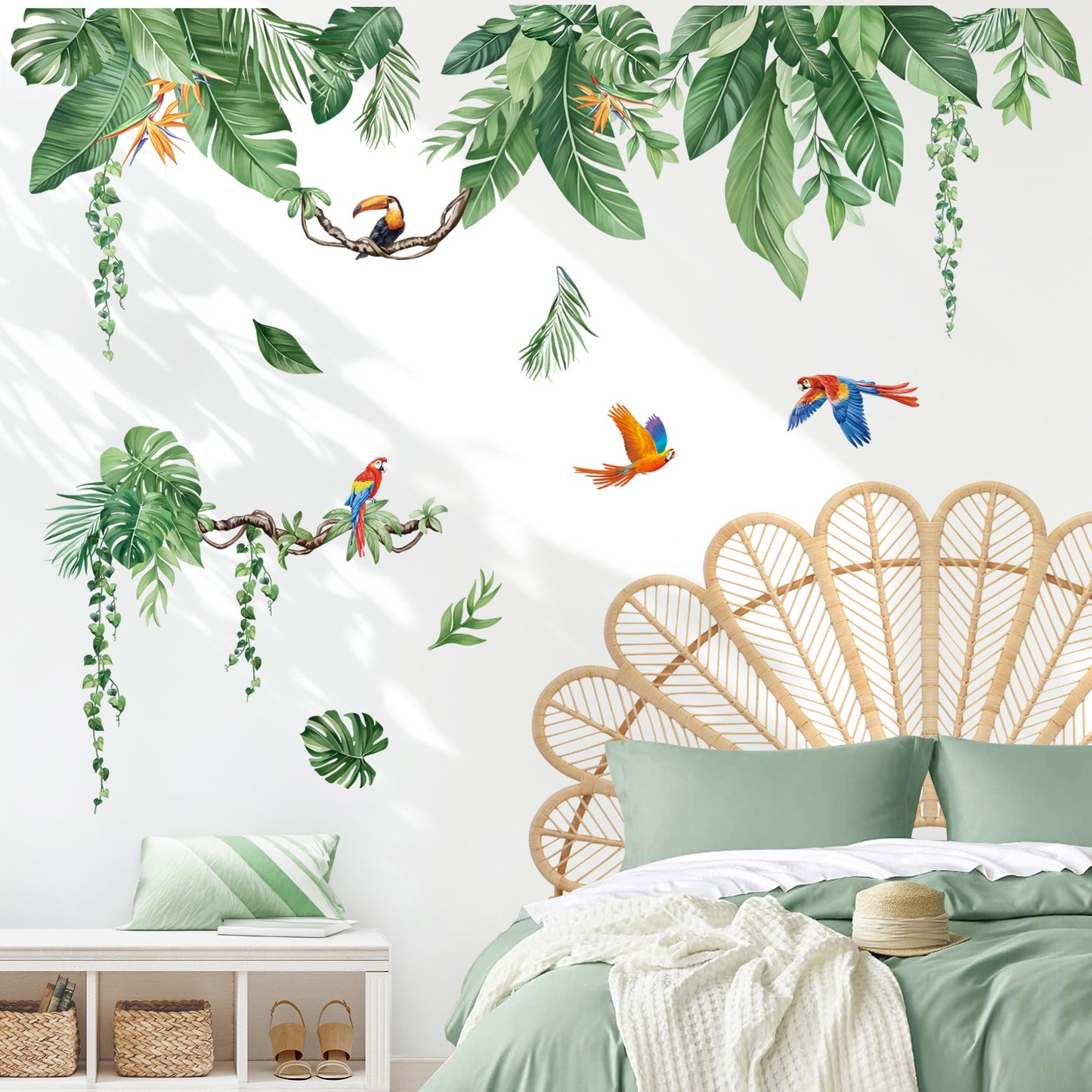 decalmile Tropical Jungle Leaves Wall Decals Palm Leaf Hanging Vines Green Plants Wall Stickers