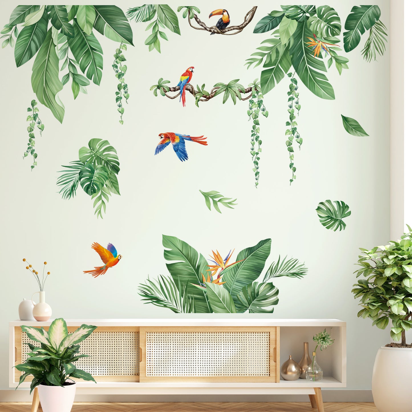 decalmile Tropical Jungle Leaves Wall Decals Palm Leaf Hanging Vines Green Plants Wall Stickers