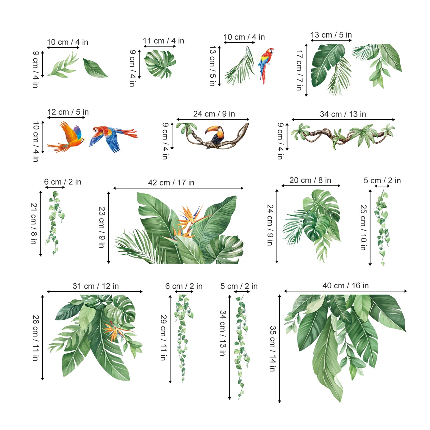 decalmile Tropical Jungle Leaves Wall Decals Palm Leaf Hanging Vines Green Plants Wall Stickers