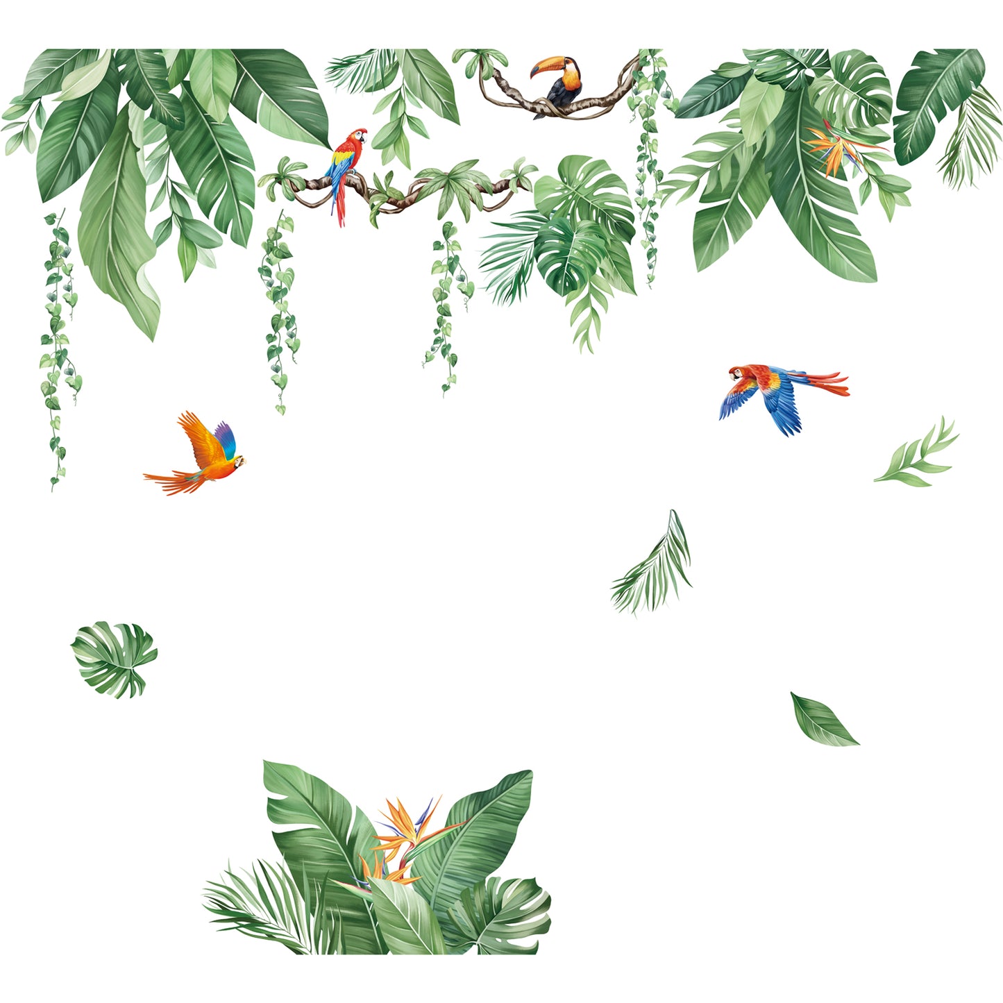 decalmile Tropical Jungle Leaves Wall Decals Palm Leaf Hanging Vines Green Plants Wall Stickers