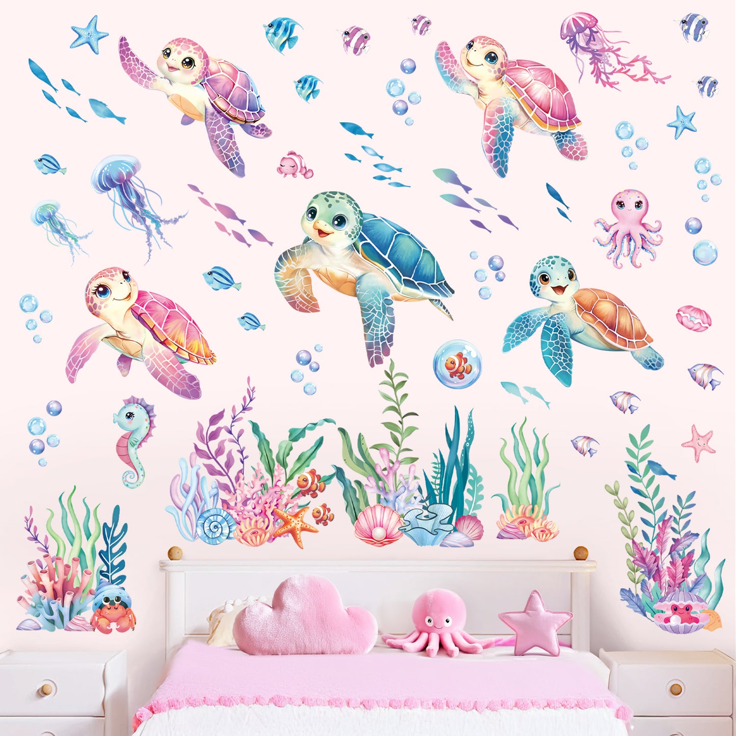 decalmile Sea Turtles Ocean Wall Decals Under The Sea Coral Seaweed Jellyfish Wall Stickers