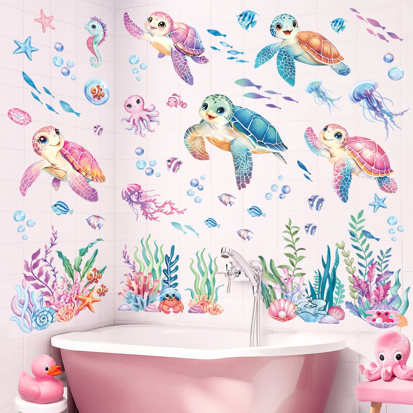 decalmile Sea Turtles Ocean Wall Decals Under The Sea Coral Seaweed Jellyfish Wall Stickers