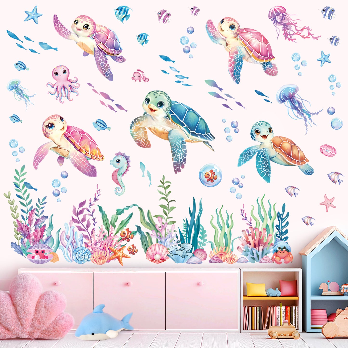 decalmile Sea Turtles Ocean Wall Decals Under The Sea Coral Seaweed Jellyfish Wall Stickers