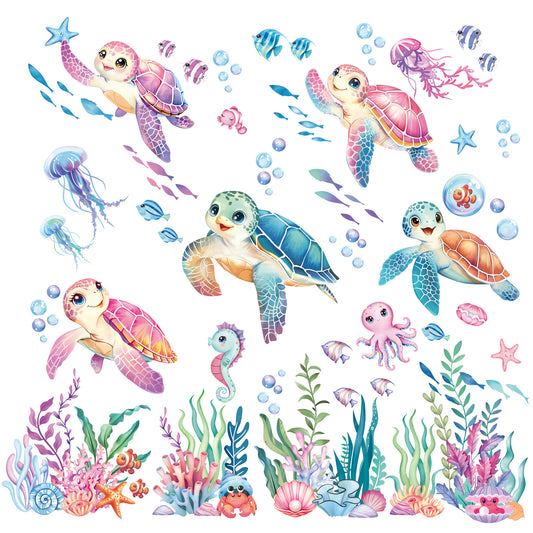 decalmile Sea Turtles Ocean Wall Decals Under The Sea Coral Seaweed Jellyfish Wall Stickers