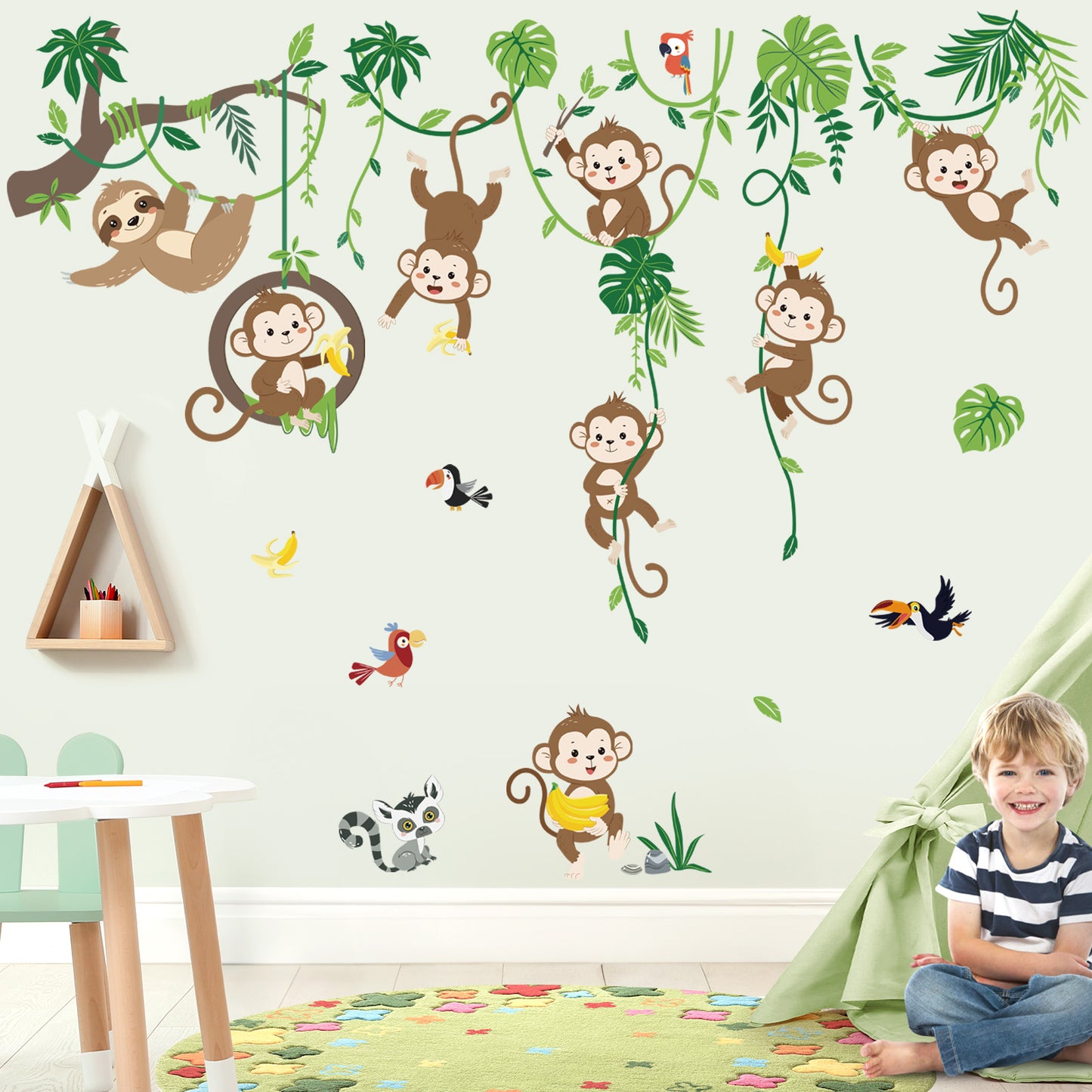 decalmile Monkey Climbing Tree Wall Decals Jungle Animals Tree Branch Sloth Wall Stickers