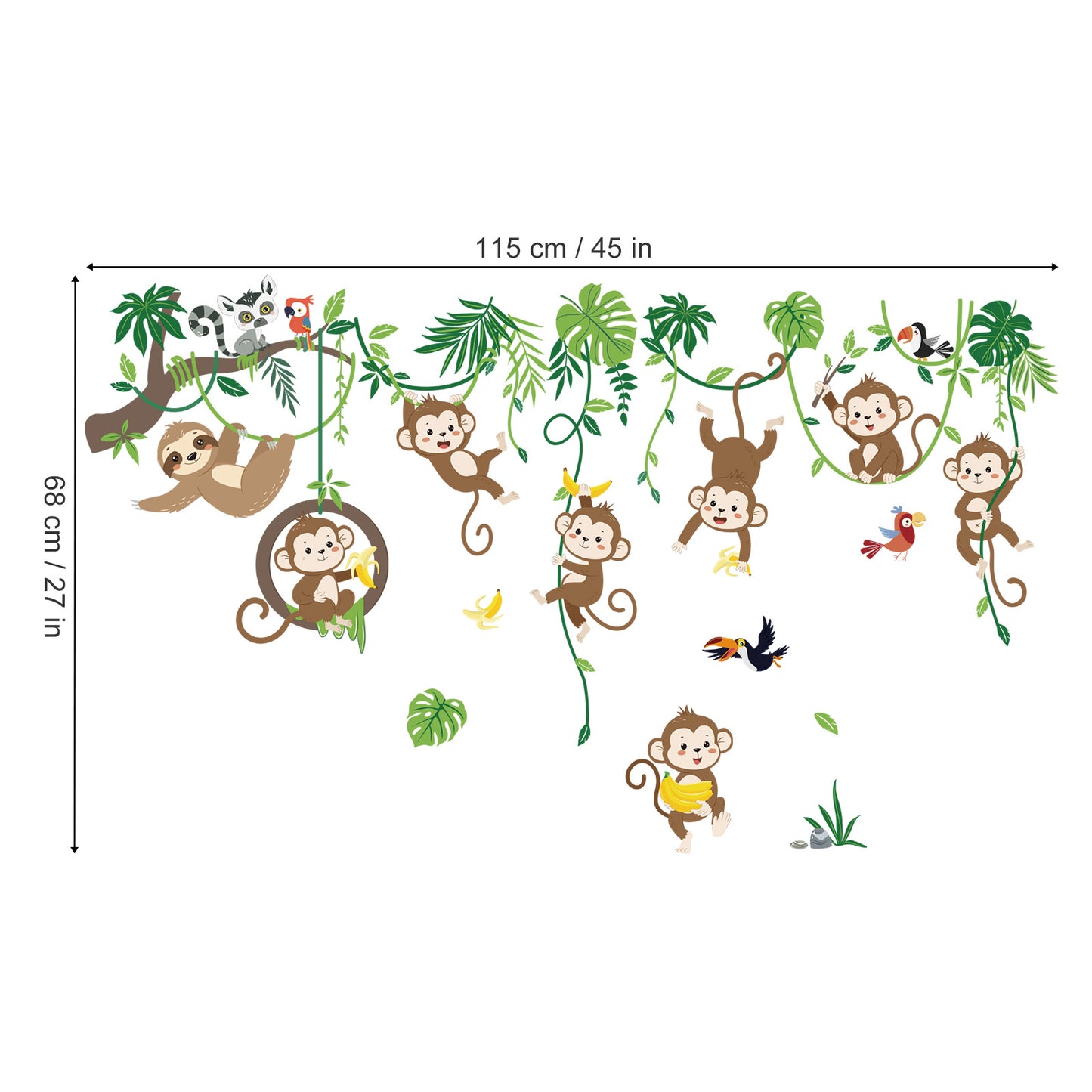 decalmile Monkey Climbing Tree Wall Decals Jungle Animals Tree Branch Sloth Wall Stickers