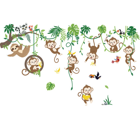 decalmile Monkey Climbing Tree Wall Decals Jungle Animals Tree Branch Sloth Wall Stickers