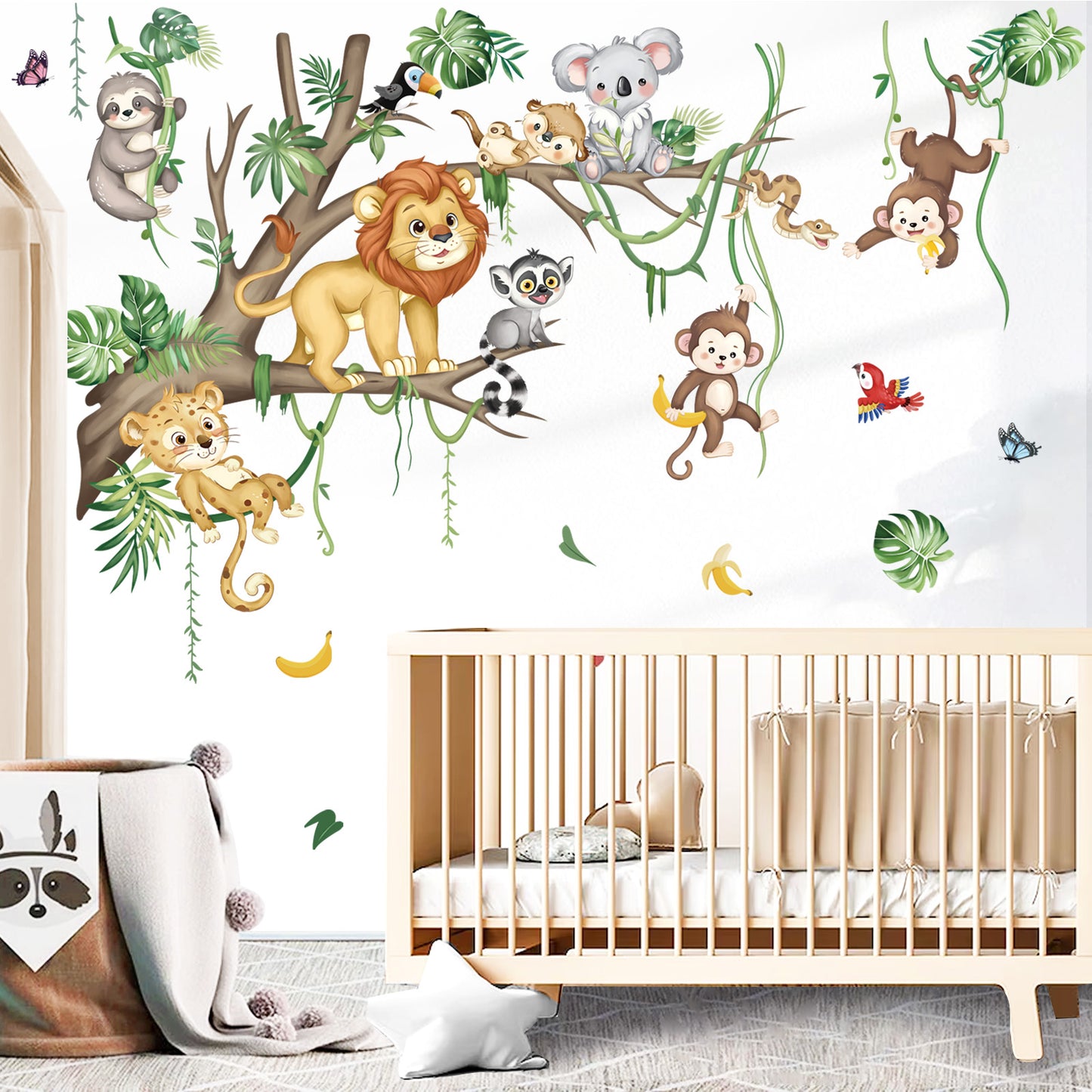 decalmile Large Jungle Animals Tree Branch Wall Decals Safari Lion Leopard Koala Monkey Wall Stickers(XL)