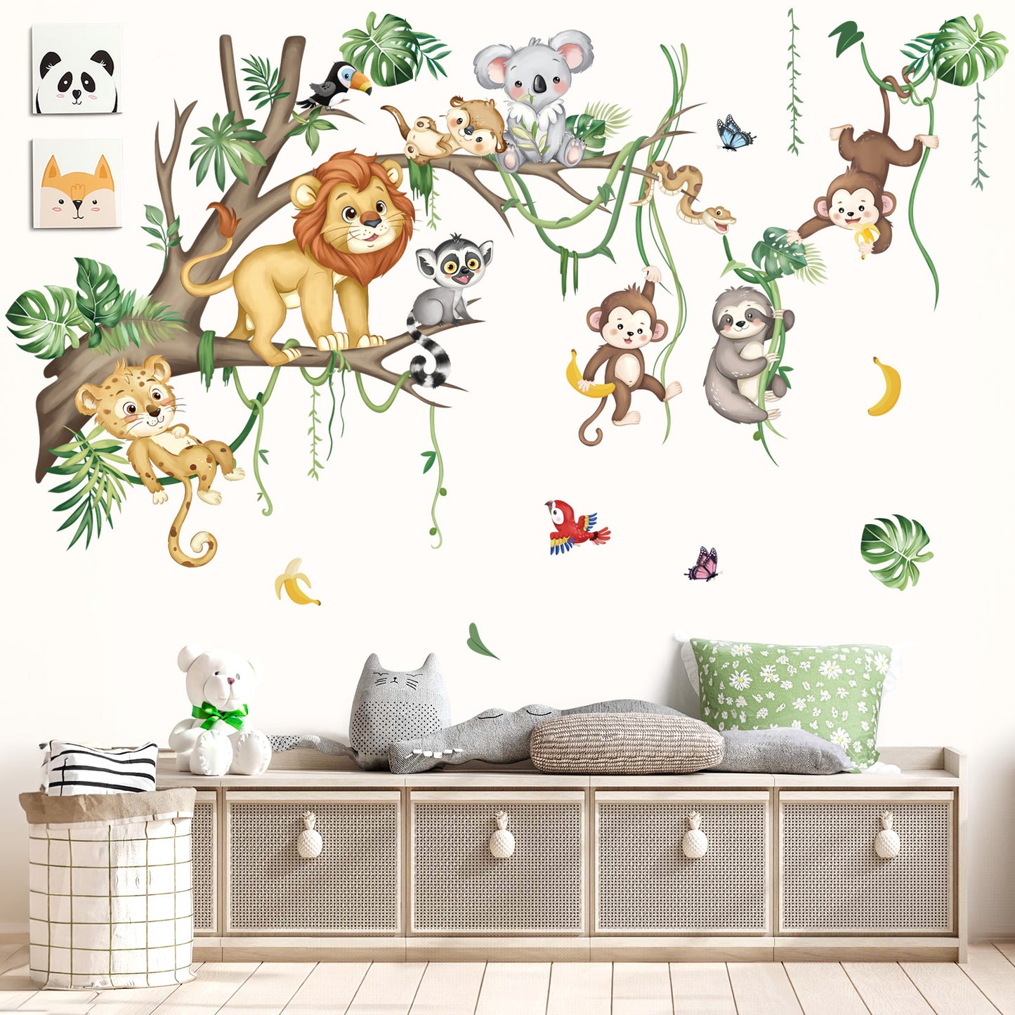 decalmile Large Jungle Animals Tree Branch Wall Decals Safari Lion Leopard Koala Monkey Wall Stickers(XL)