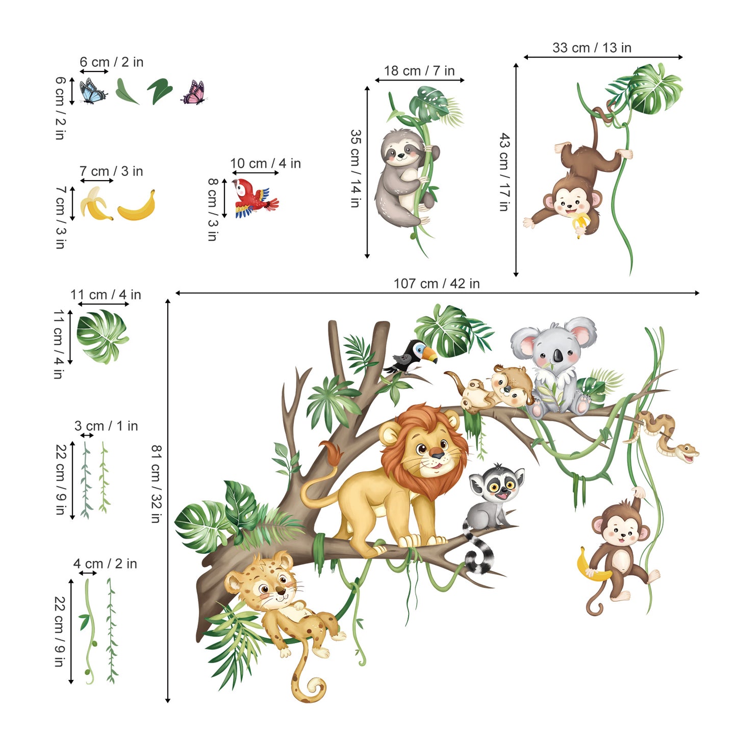 decalmile Large Jungle Animals Tree Branch Wall Decals Safari Lion Leopard Koala Monkey Wall Stickers(XL)