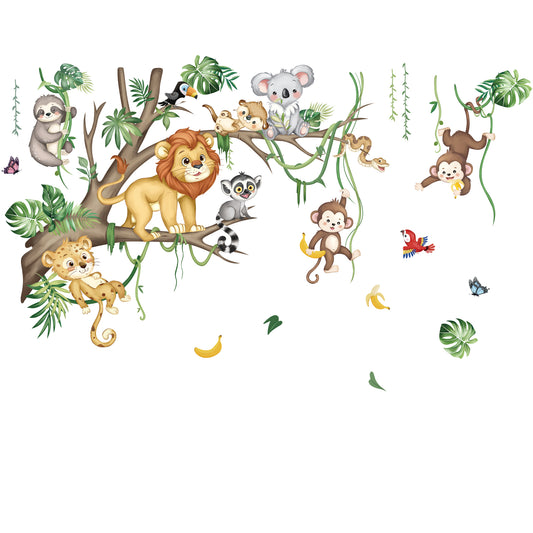 decalmile Large Jungle Animals Tree Branch Wall Decals Safari Lion Leopard Koala Monkey Wall Stickers(XL)