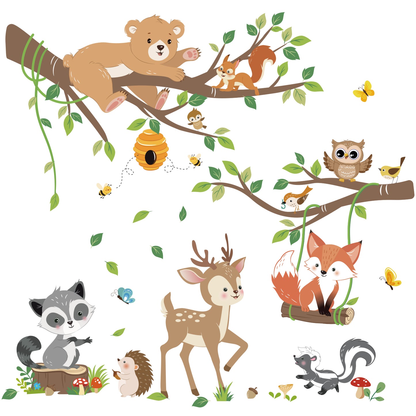 decalmile Woodland Animals Tree Branch Wall Decals Forest Animals Bear Deer Fox Wall Stickers