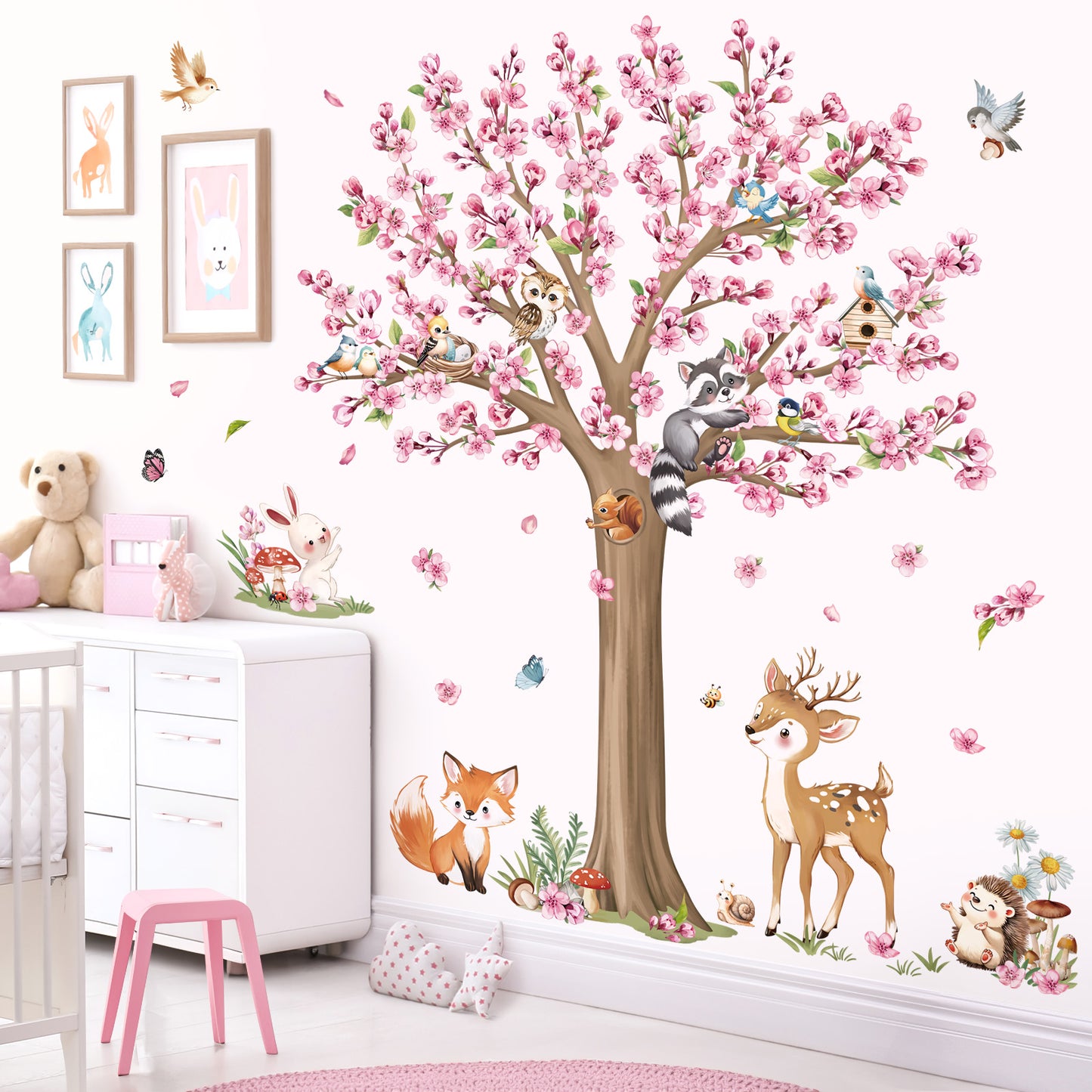 decalmile Woodland Animals Large Flower Tree Wall Decals Cherry Blossom Deer Fox Wall Stickers(XL)