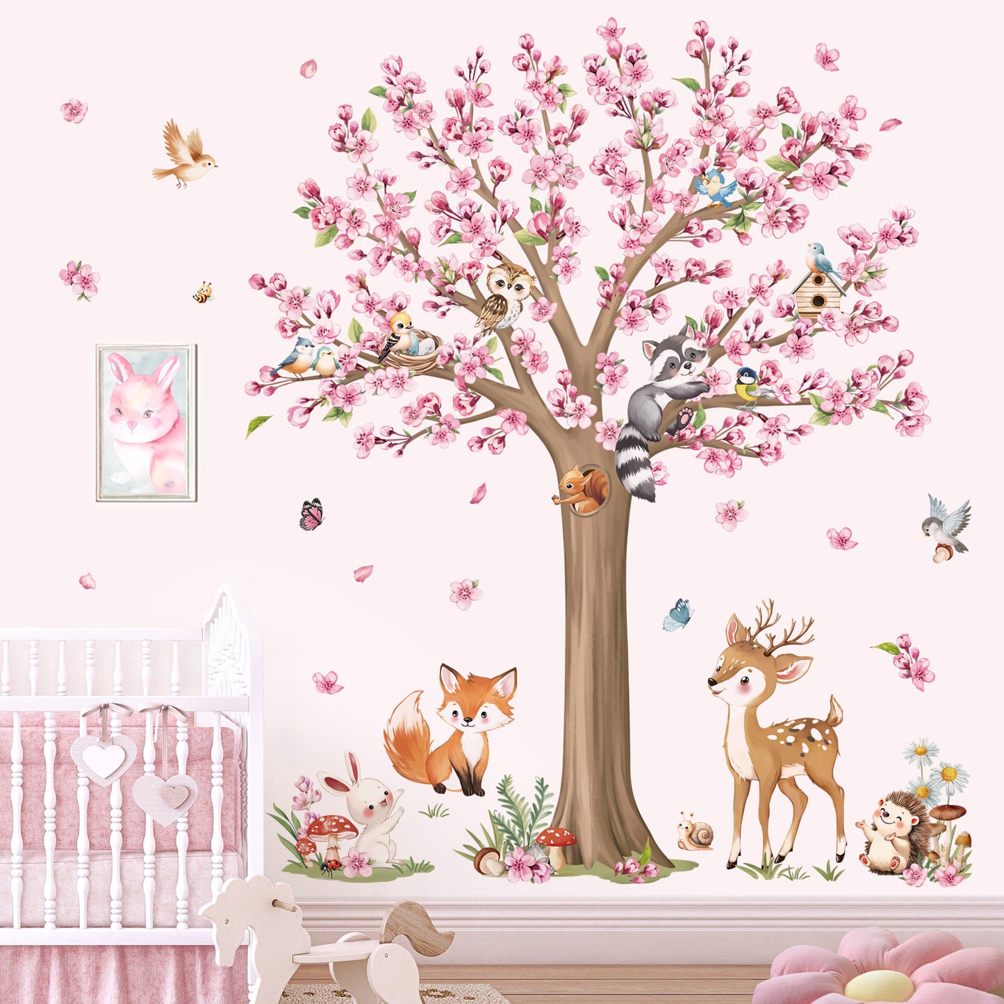 decalmile Woodland Animals Large Flower Tree Wall Decals Cherry Blossom Deer Fox Wall Stickers(XL)