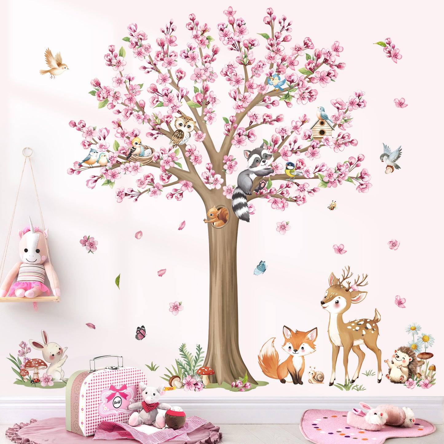 decalmile Woodland Animals Large Flower Tree Wall Decals Cherry Blossom Deer Fox Wall Stickers(XL)