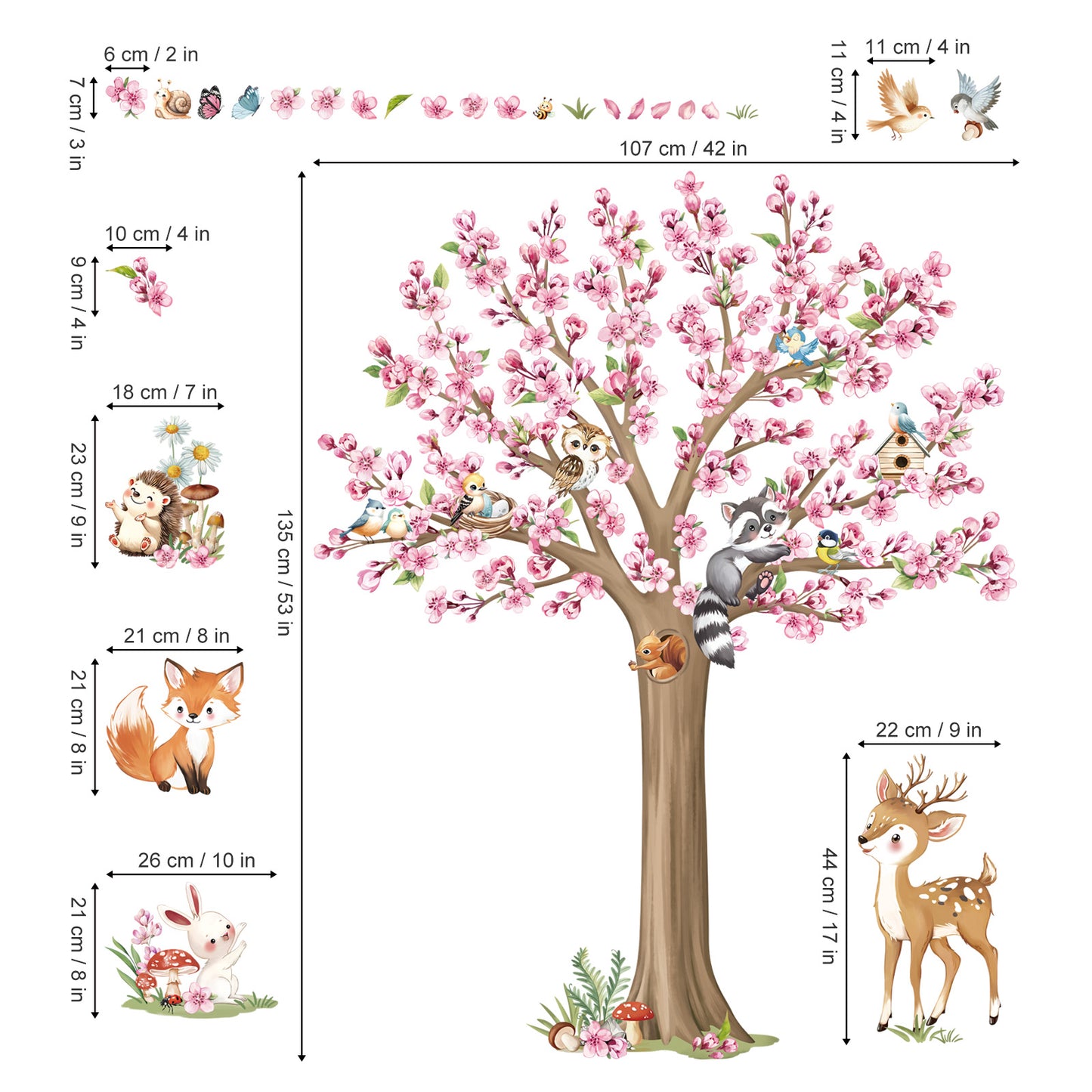 decalmile Woodland Animals Large Flower Tree Wall Decals Cherry Blossom Deer Fox Wall Stickers(XL)