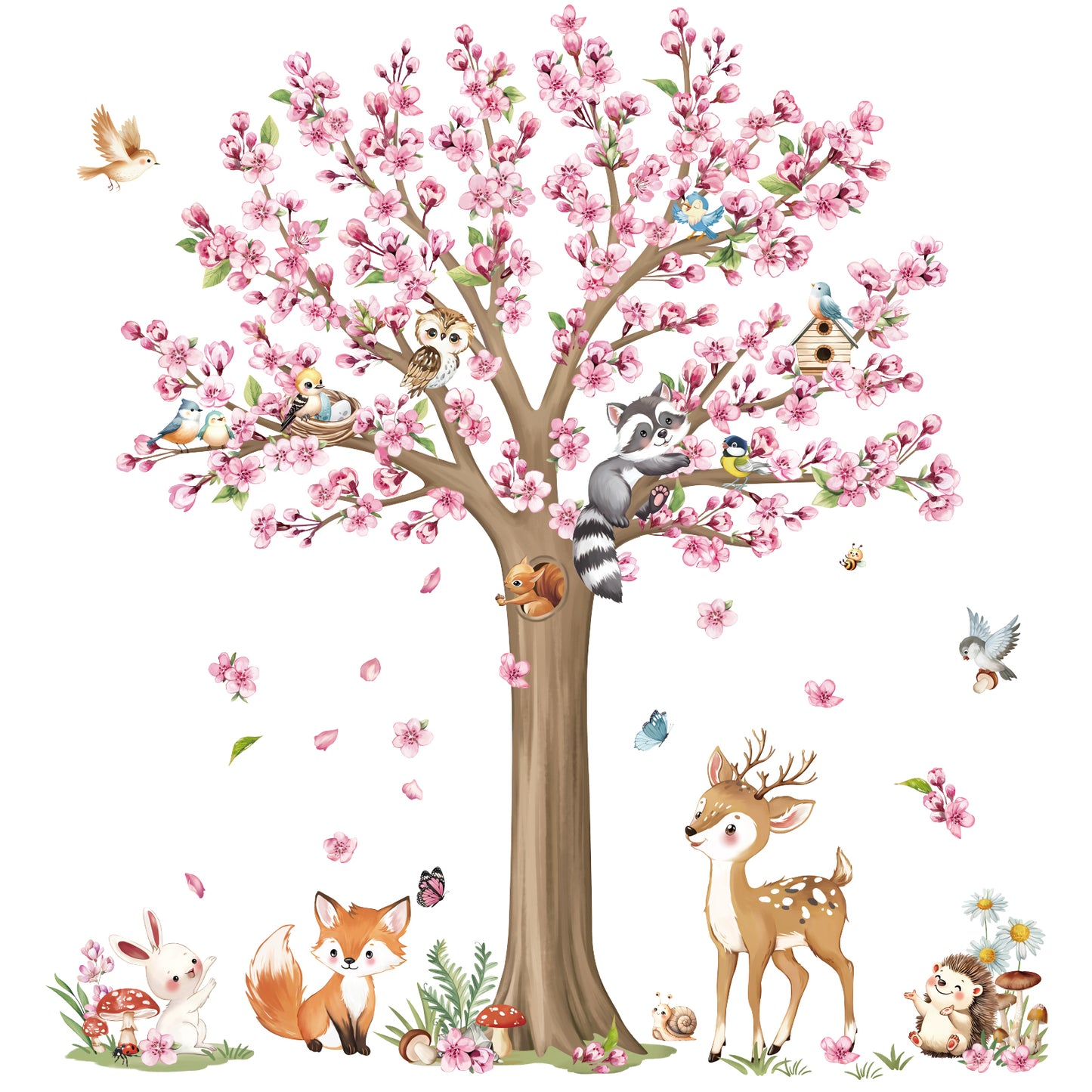 decalmile Woodland Animals Large Flower Tree Wall Decals Cherry Blossom Deer Fox Wall Stickers(XL)