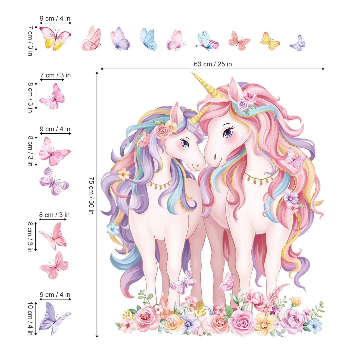 decalmile 2 Large Size Unicorn Wall Decals Unicorn Flower Butterfly Wall Stickers
