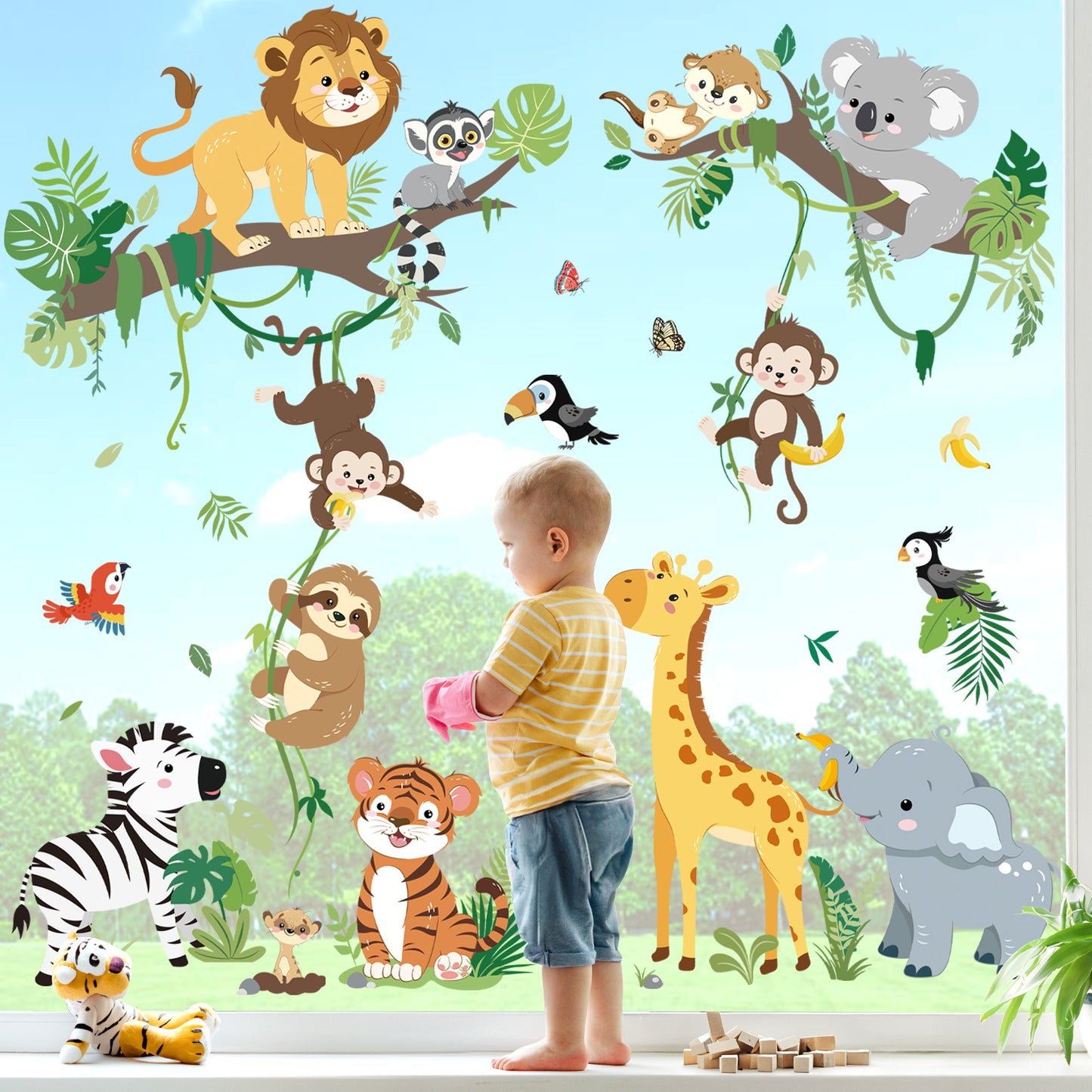 decalmile Safari Jungle Animals Double Sided Window Clings Lion Elephant Giraffe Monkey Anti-Collision Glass Doors Stickers Decals