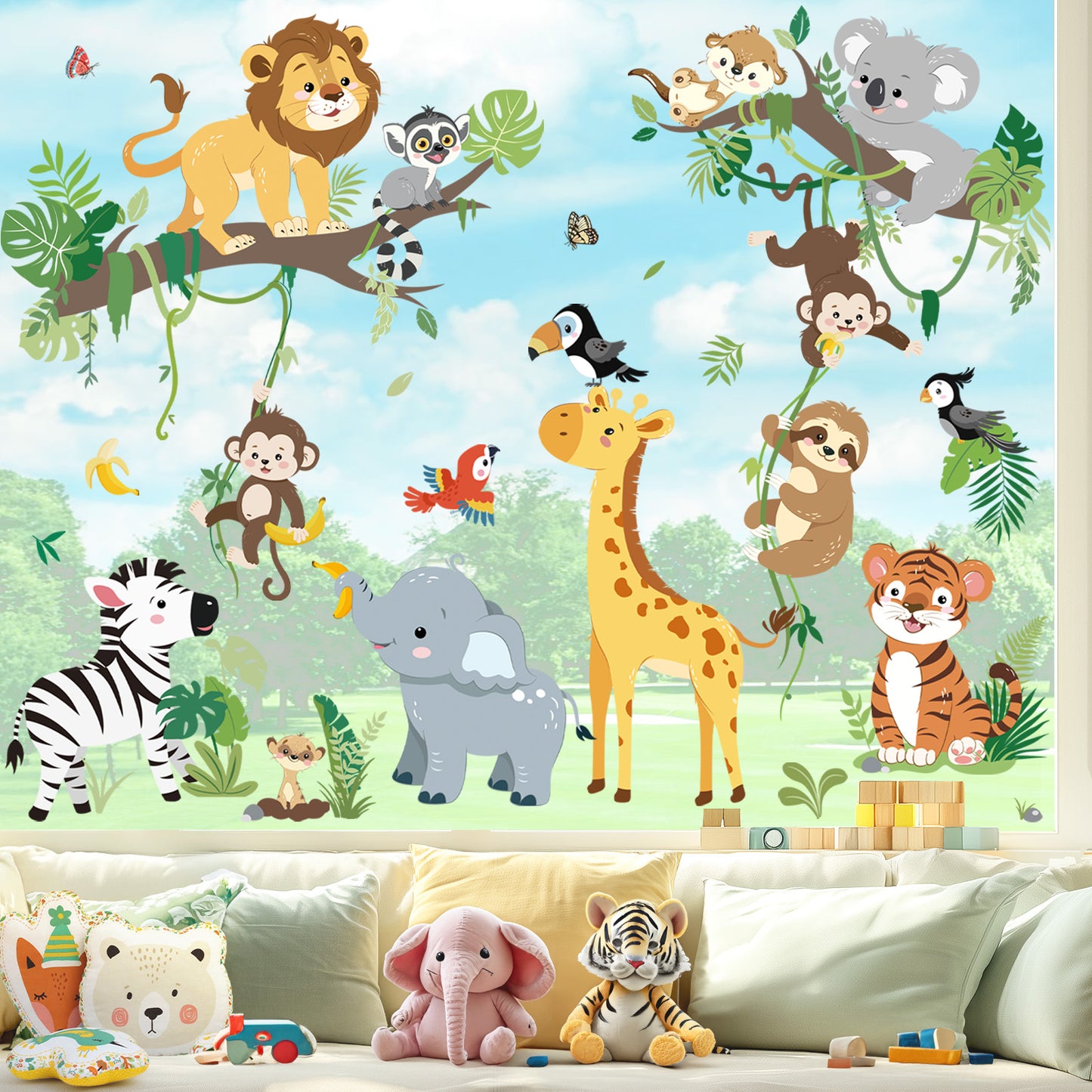 decalmile Safari Jungle Animals Double Sided Window Clings Lion Elephant Giraffe Monkey Anti-Collision Glass Doors Stickers Decals