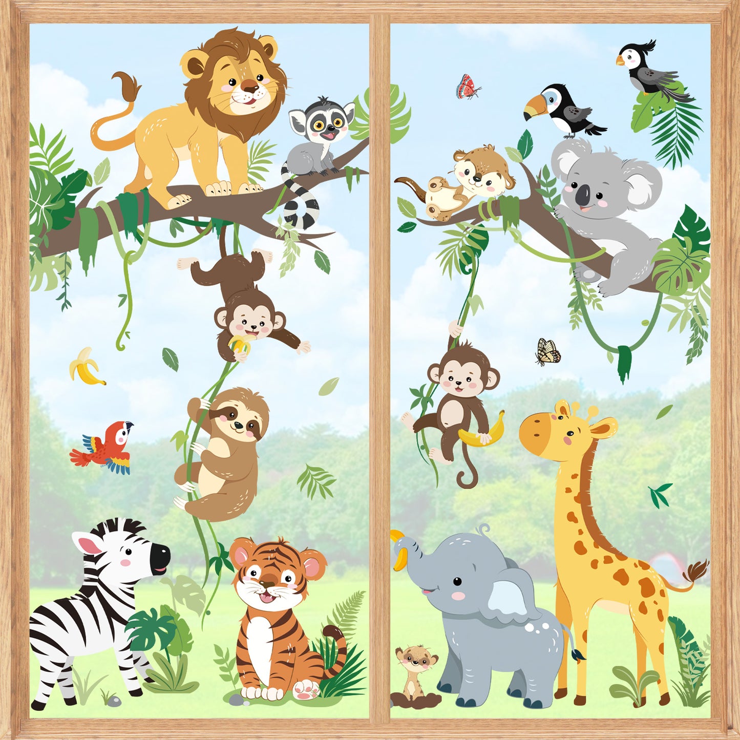 decalmile Safari Jungle Animals Double Sided Window Clings Lion Elephant Giraffe Monkey Anti-Collision Glass Doors Stickers Decals