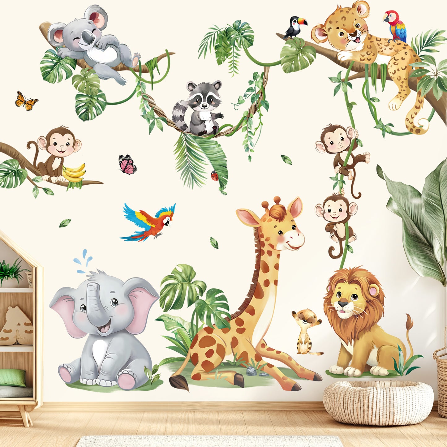 decalmile Safari Animals Tree Branch Wall Stickers Jungle Animals Giraffe Elephant Leopard Wall Decals