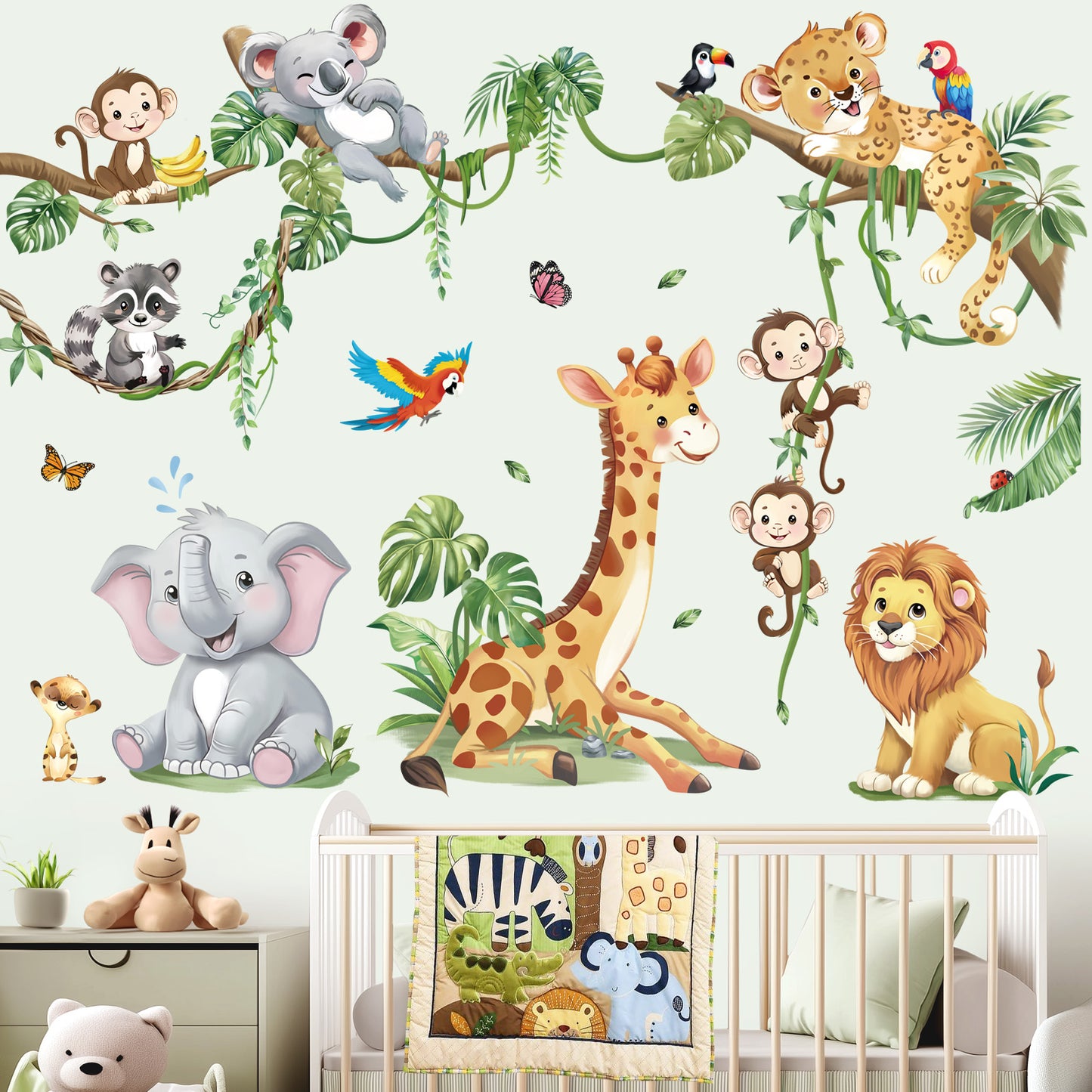 decalmile Safari Animals Tree Branch Wall Stickers Jungle Animals Giraffe Elephant Leopard Wall Decals