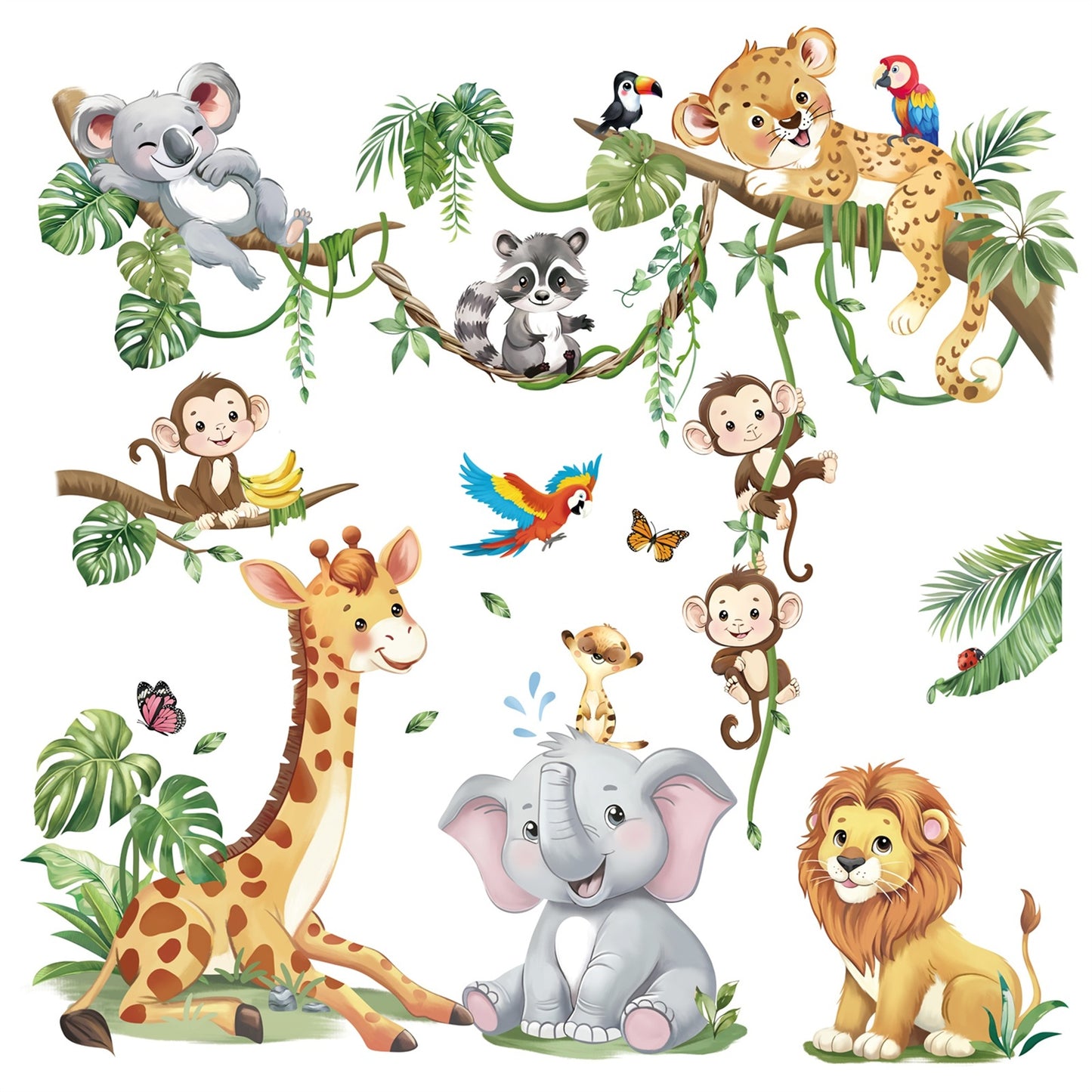 decalmile Safari Animals Tree Branch Wall Stickers Jungle Animals Giraffe Elephant Leopard Wall Decals