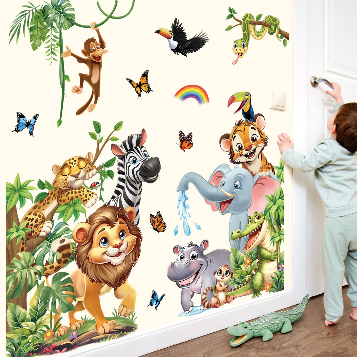 decalmile Jungle Animals Wall Stickers Safari Lion Elephant Zebra Monkey Door Wall Decals