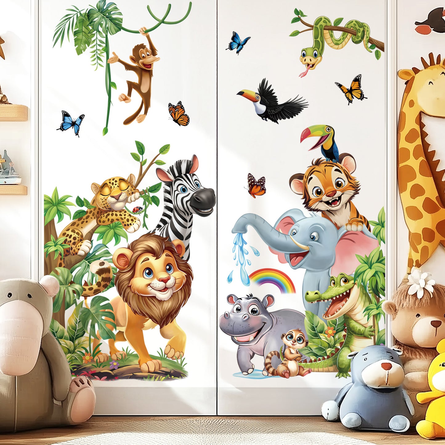 decalmile Jungle Animals Wall Stickers Safari Lion Elephant Zebra Monkey Door Wall Decals