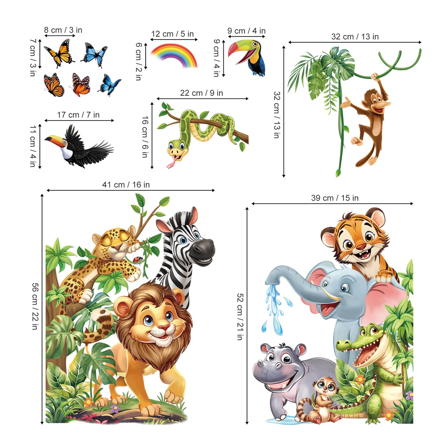 decalmile Jungle Animals Wall Stickers Safari Lion Elephant Zebra Monkey Door Wall Decals