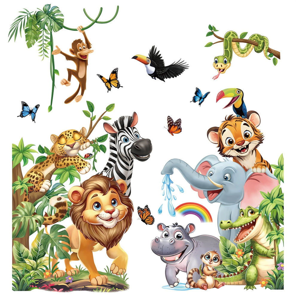 decalmile Jungle Animals Wall Stickers Safari Lion Elephant Zebra Monk ...