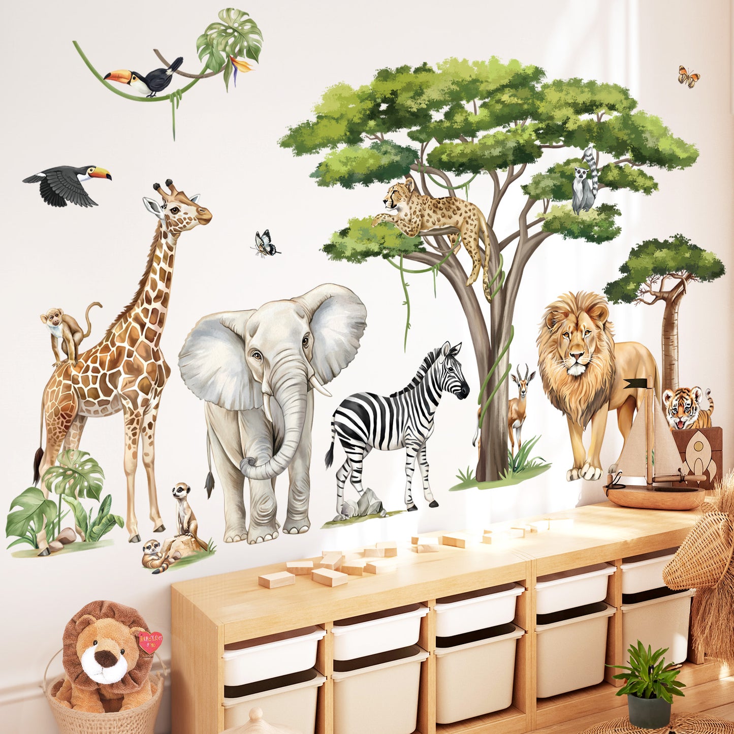 decalmile Large Safari Animals Tree Wall Stickers Jungle Animals Giraffe Elephant Lion Leopard Wall Decals(XXL)