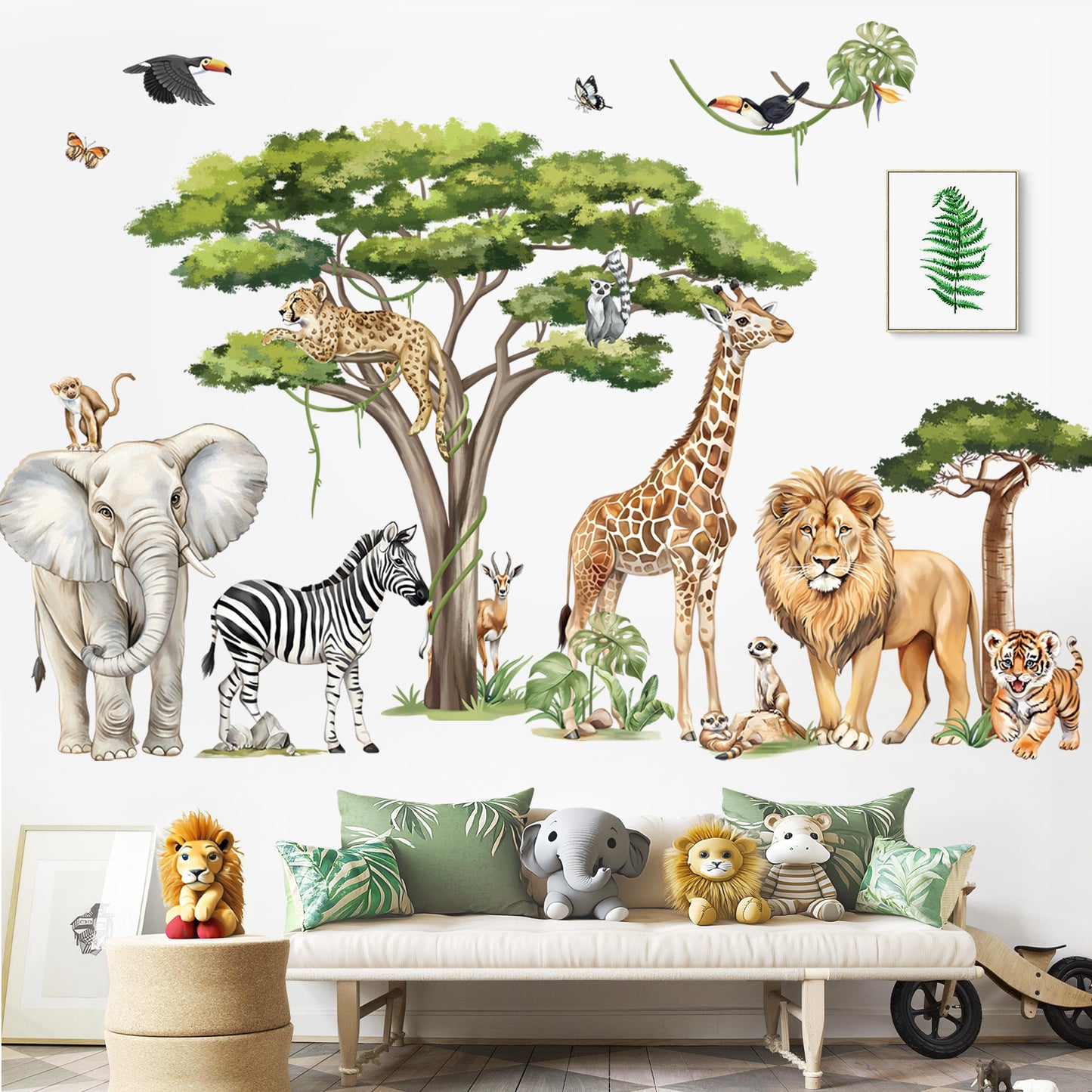 decalmile Large Safari Animals Tree Wall Stickers Jungle Animals Giraffe Elephant Lion Leopard Wall Decals(XXL)