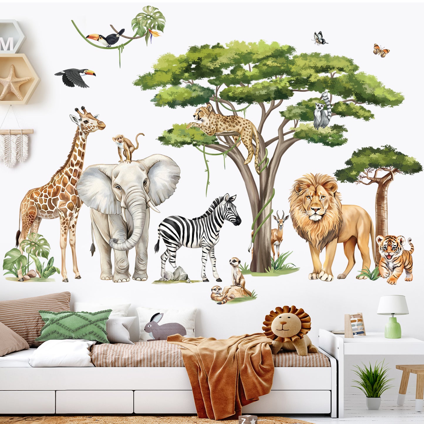 decalmile Large Safari Animals Tree Wall Stickers Jungle Animals Giraffe Elephant Lion Leopard Wall Decals(XXL)