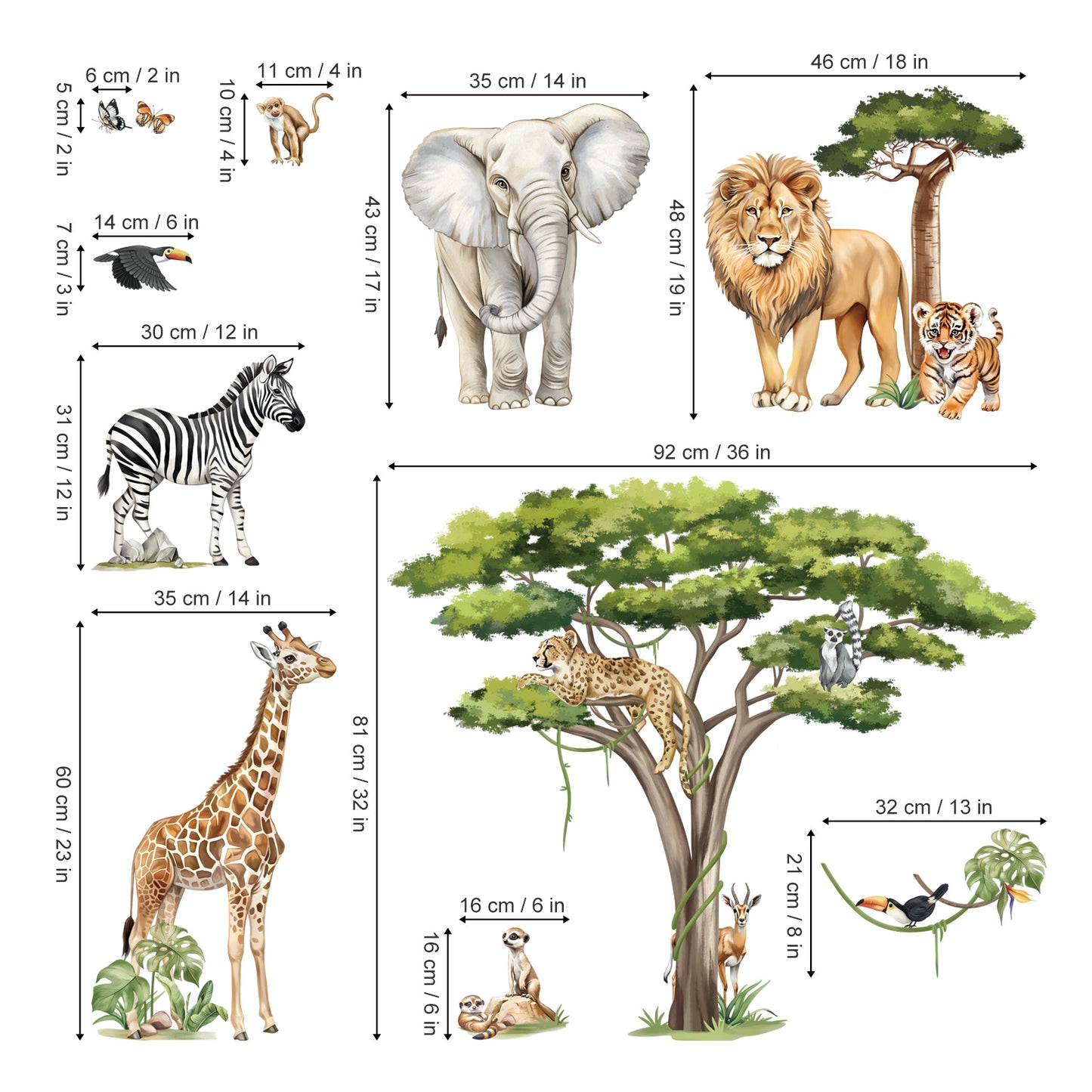 decalmile Large Safari Animals Tree Wall Stickers Jungle Animals Giraffe Elephant Lion Leopard Wall Decals(XXL)