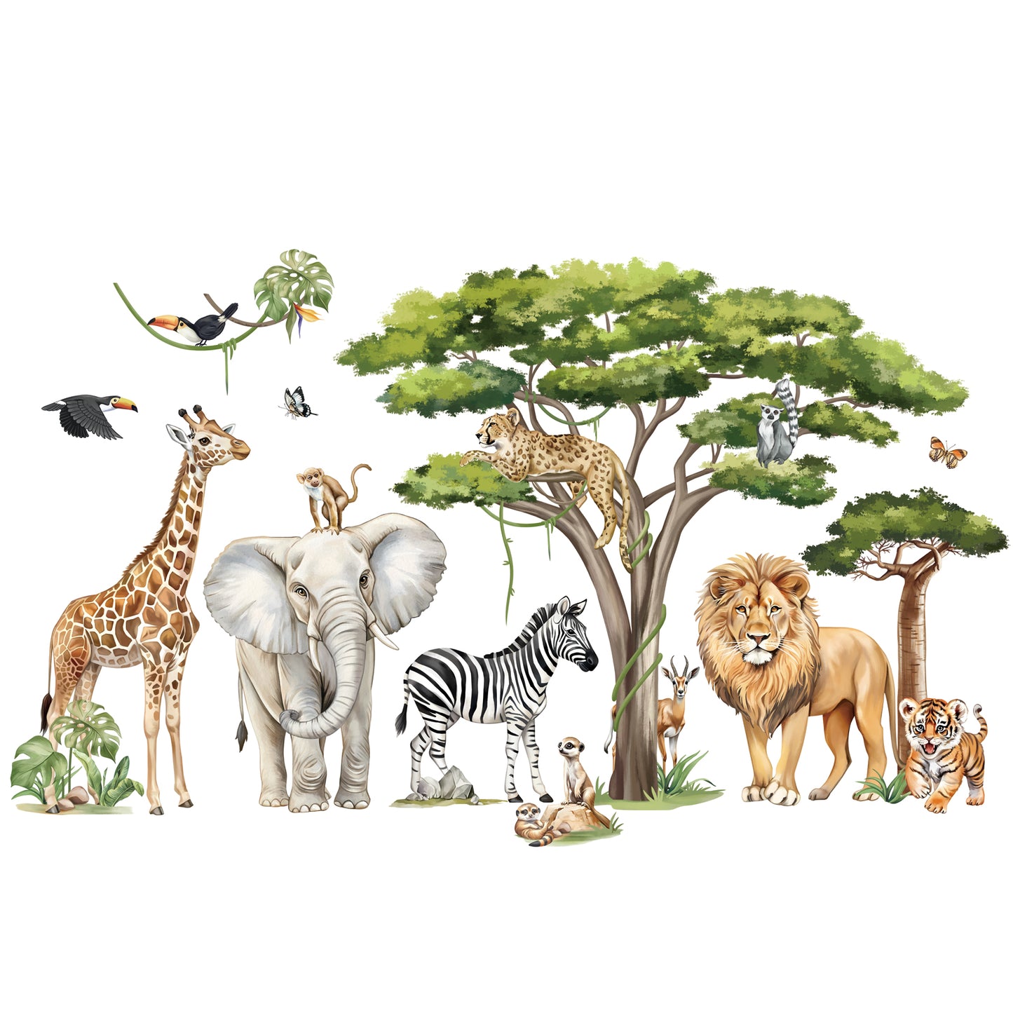 decalmile Large Safari Animals Tree Wall Stickers Jungle Animals Giraffe Elephant Lion Leopard Wall Decals(XXL)