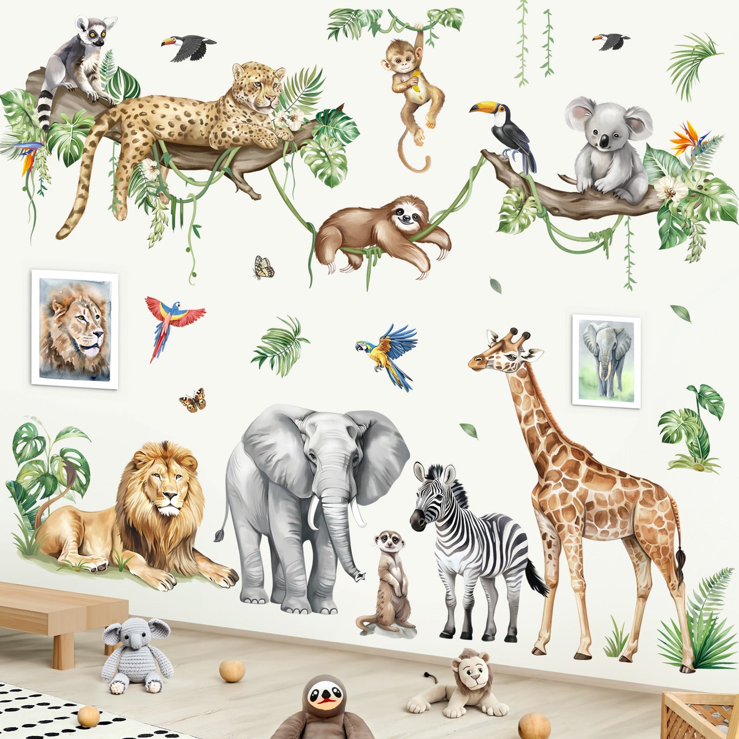 decalmile Large Jungle Animals Tree Branch Wall Stickers Safari Elephant Giraffe Leopard Wall Decals(XXL)