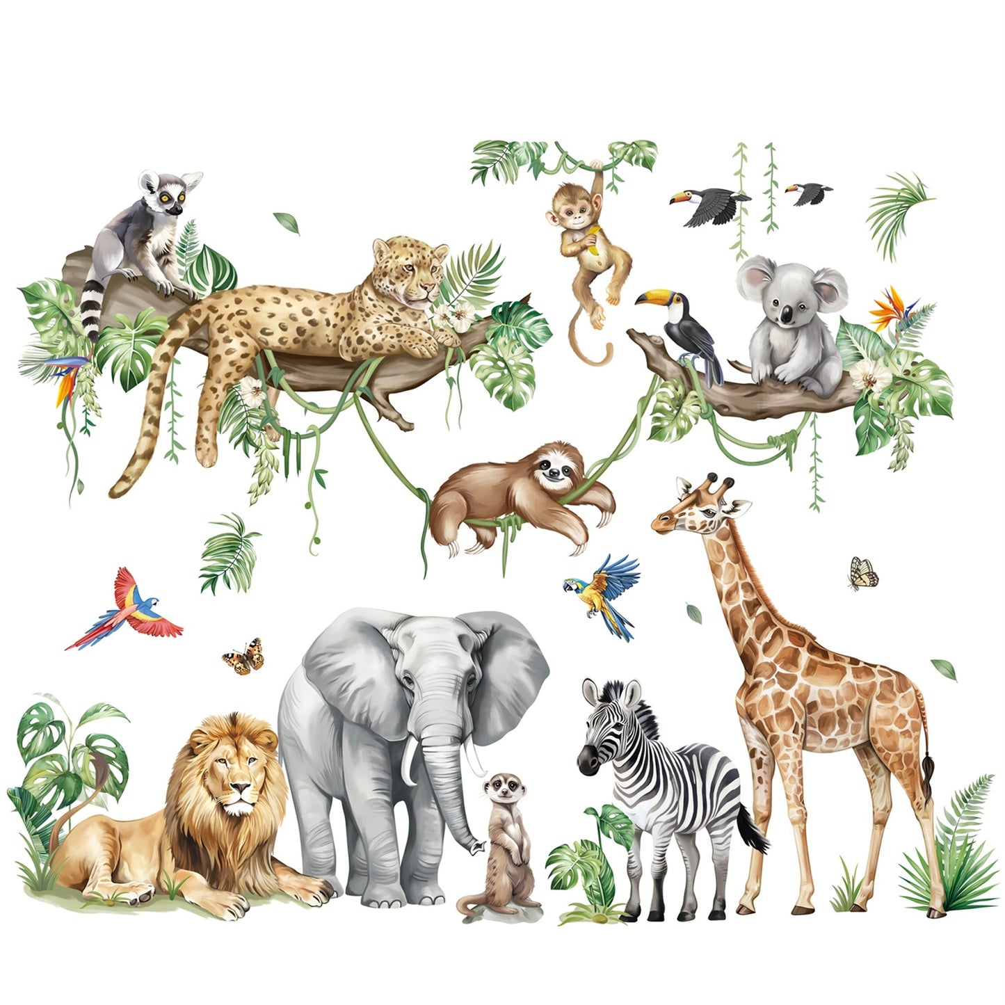 decalmile Large Jungle Animals Tree Branch Wall Stickers Safari Elephant Giraffe Leopard Wall Decals(XXL)