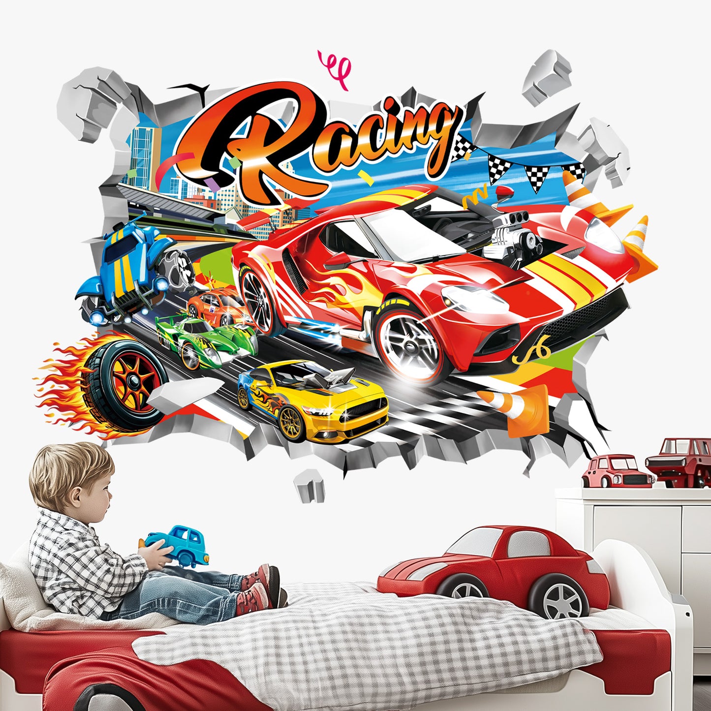 decalmile 3D Racing Cars Wall Stickers Break Through Red Cars Flags Wall Decals