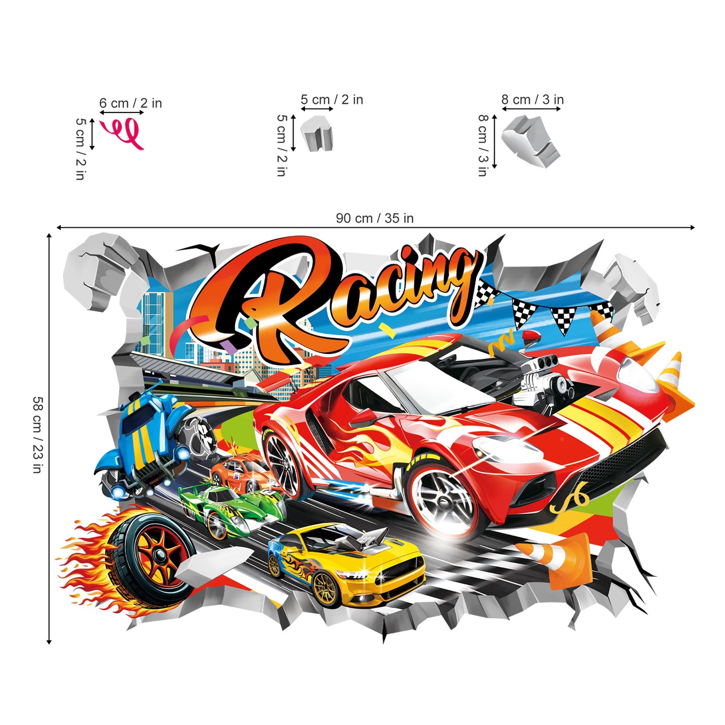decalmile 3D Racing Cars Wall Stickers Break Through Red Cars Flags Wall Decals