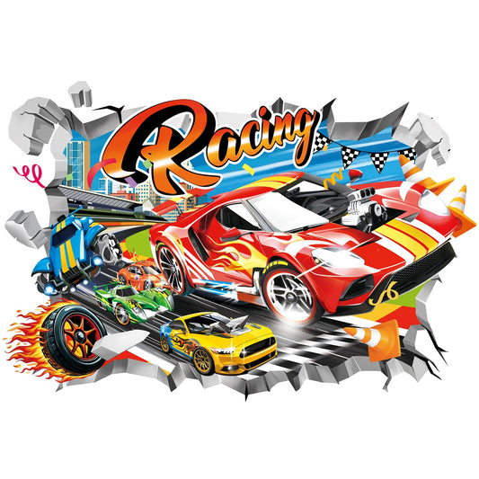decalmile 3D Racing Cars Wall Stickers Break Through Red Cars Flags Wall Decals