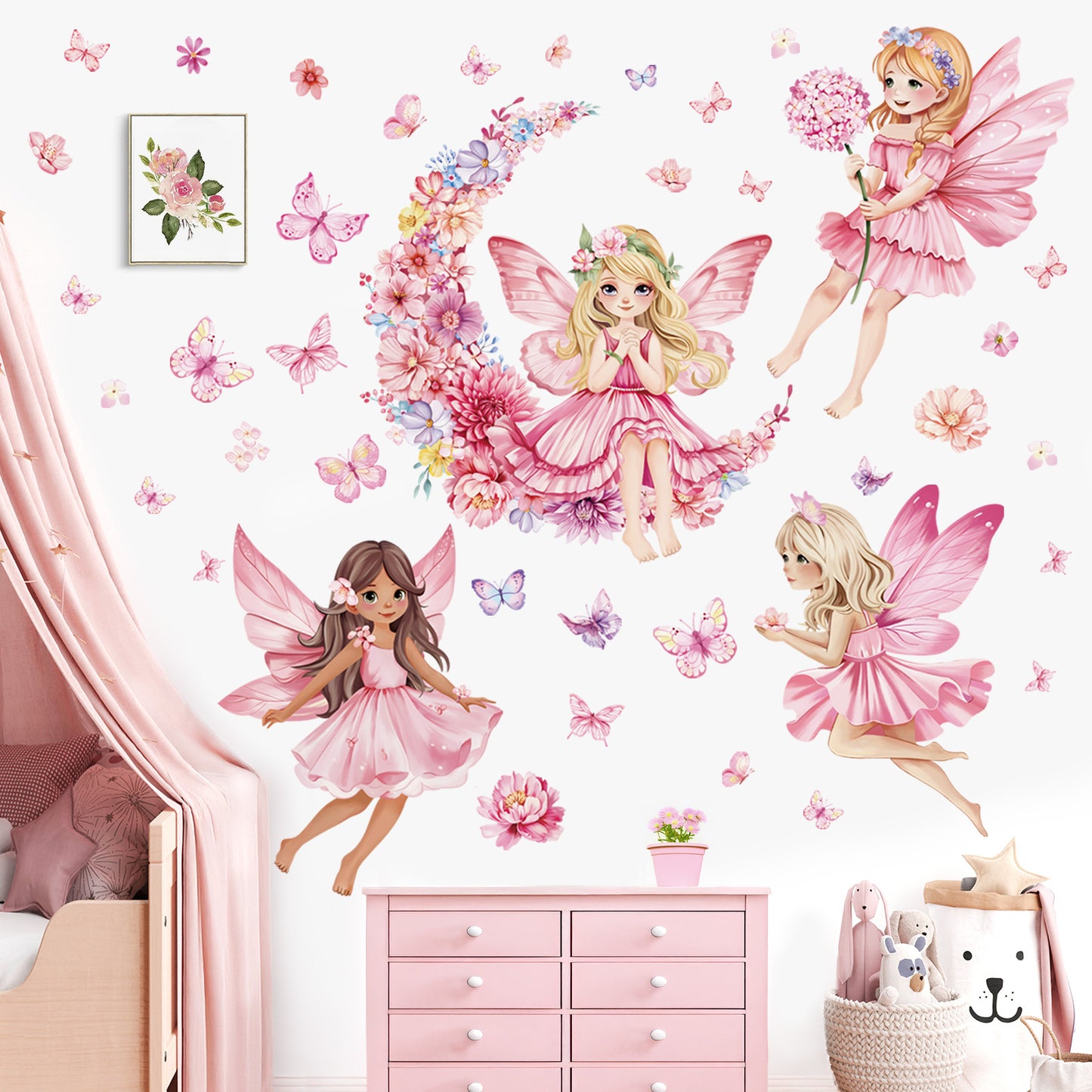 decalmile Pink Fairy Girls Wall Decals Flower Moon Butterfly Wall Stickers