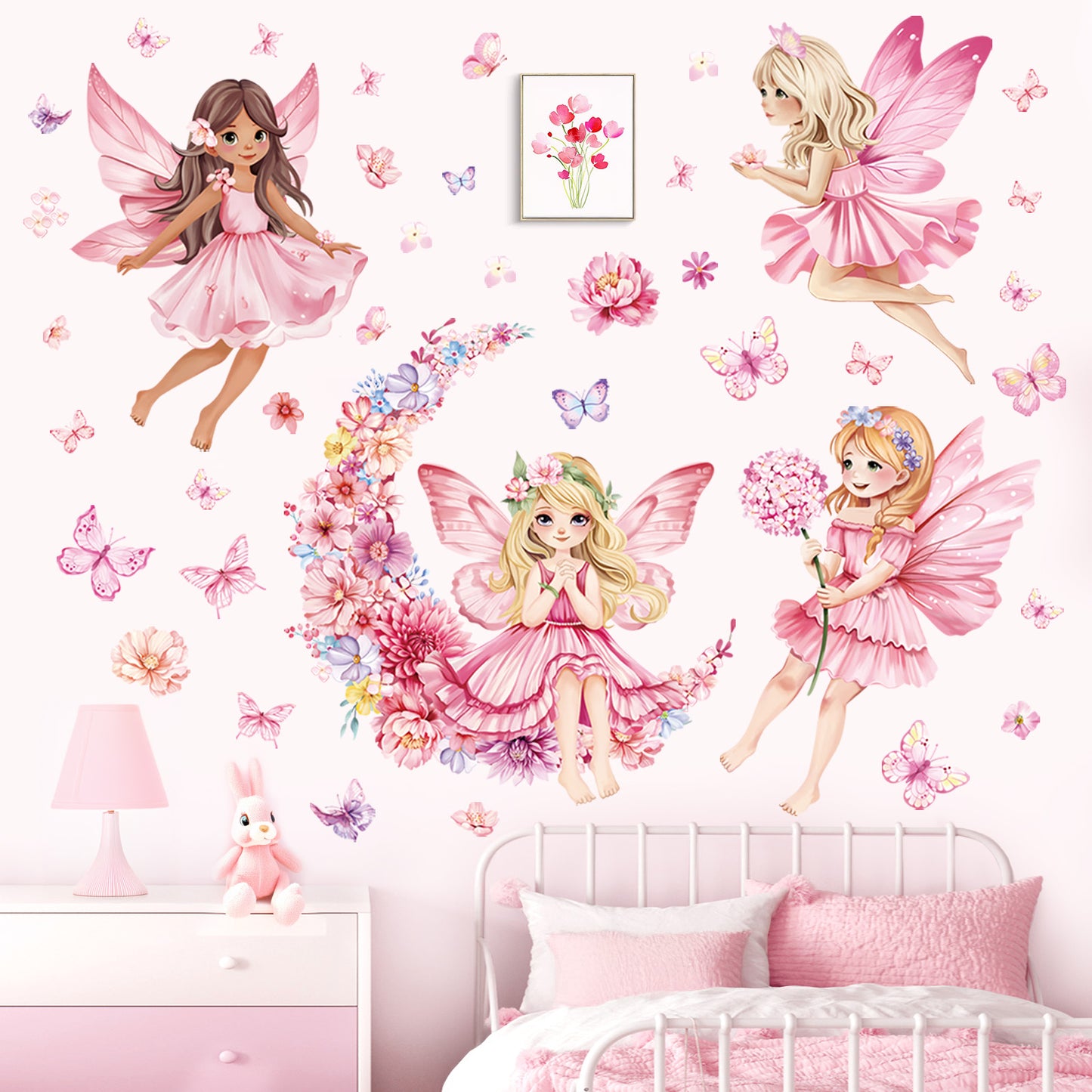 decalmile Pink Fairy Girls Wall Decals Flower Moon Butterfly Wall Stickers