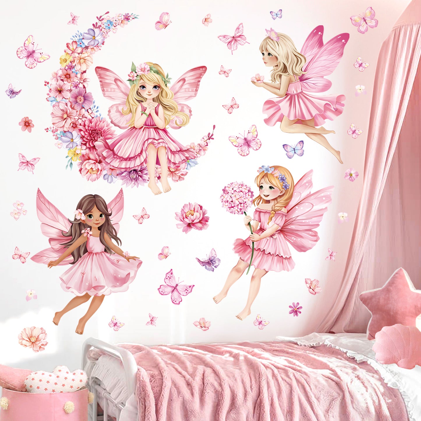 decalmile Pink Fairy Girls Wall Decals Flower Moon Butterfly Wall Stickers