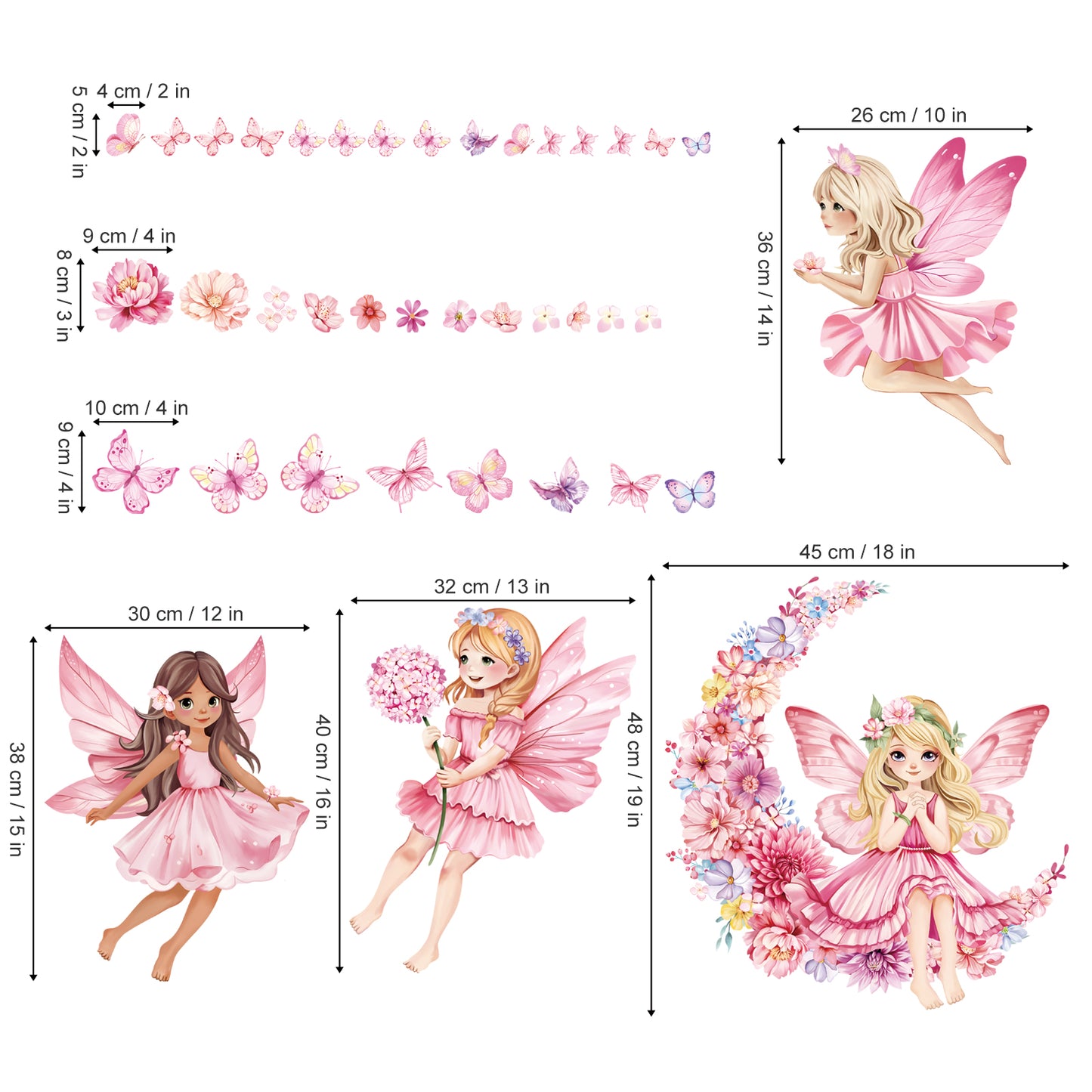 decalmile Pink Fairy Girls Wall Decals Flower Moon Butterfly Wall Stickers