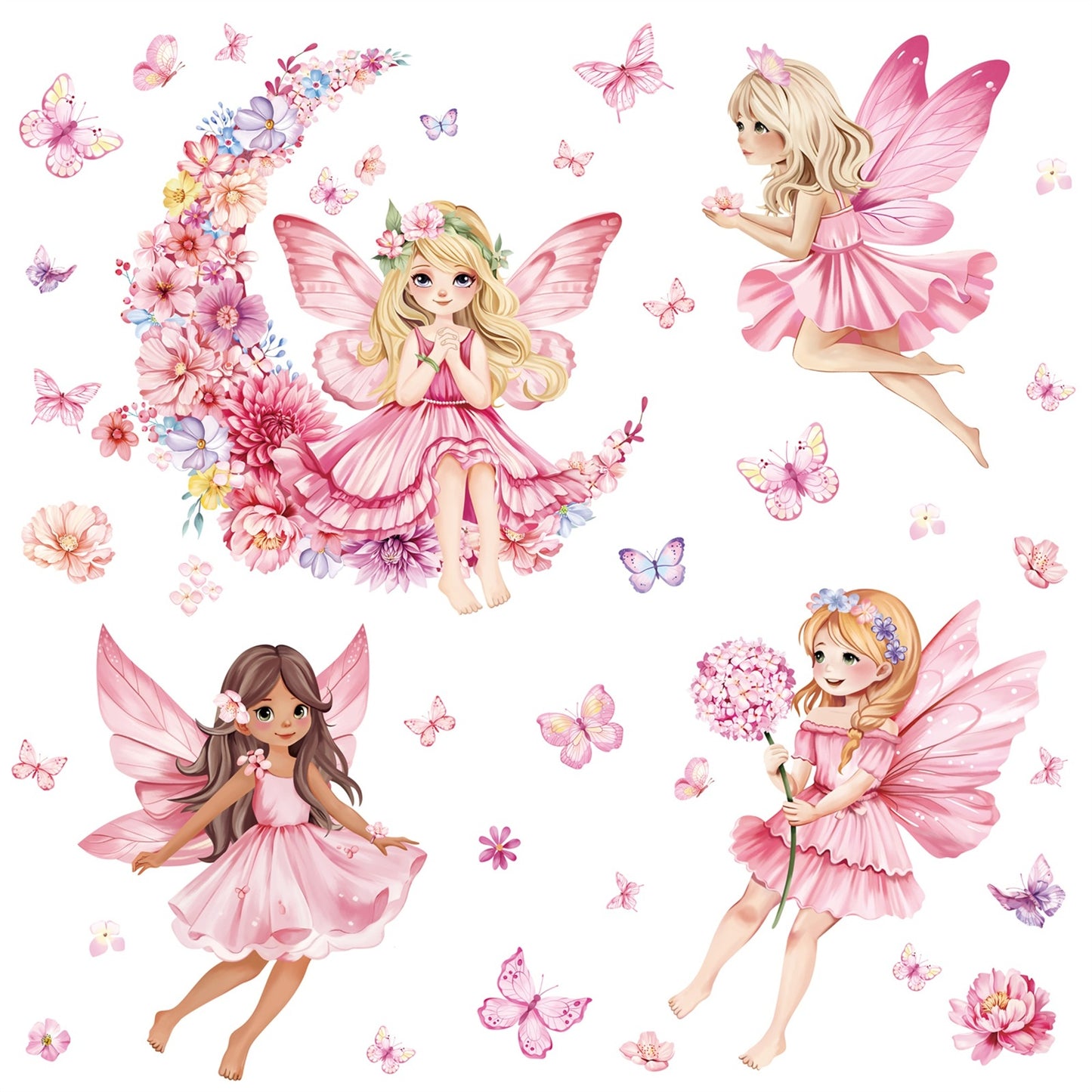 decalmile Pink Fairy Girls Wall Decals Flower Moon Butterfly Wall Stickers