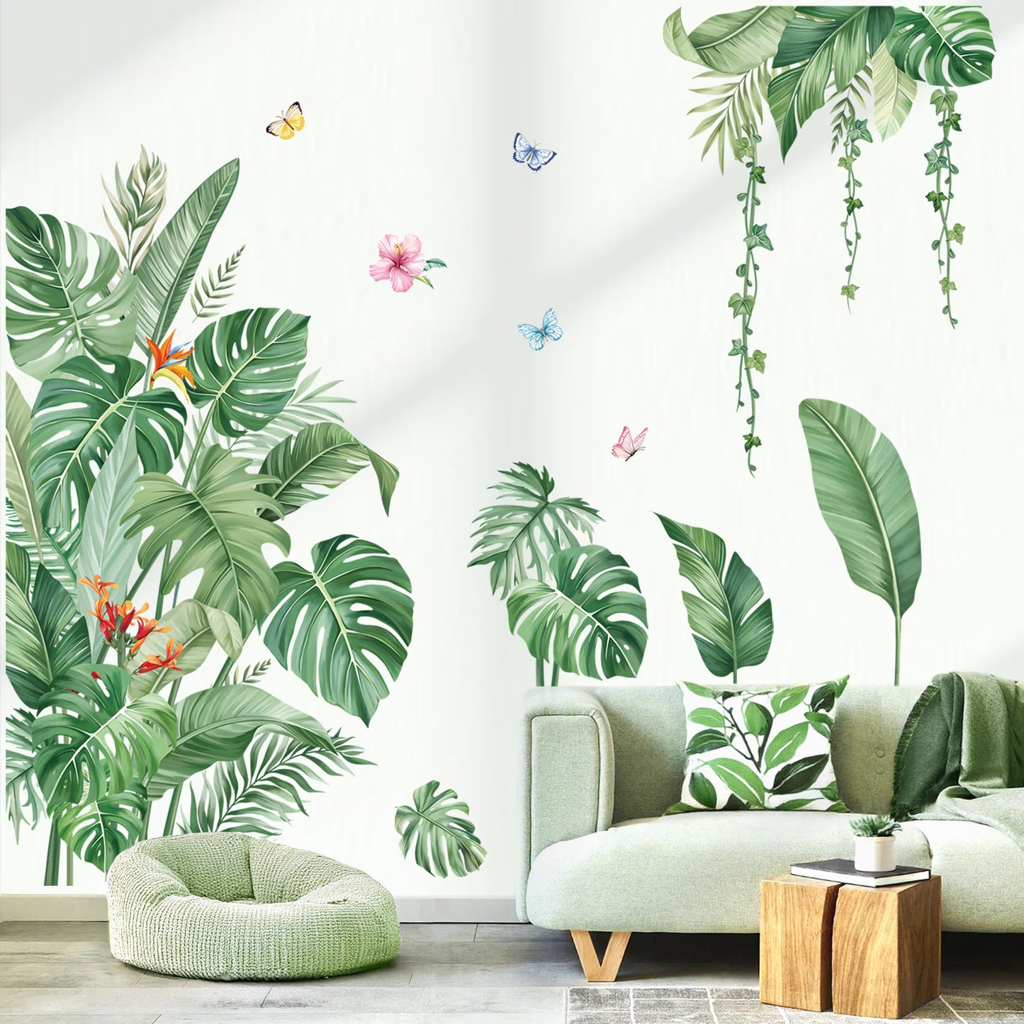 decalmile Large Green Leaves Wall Decals Tropical Palm Leaf Plant Wall Stickers
