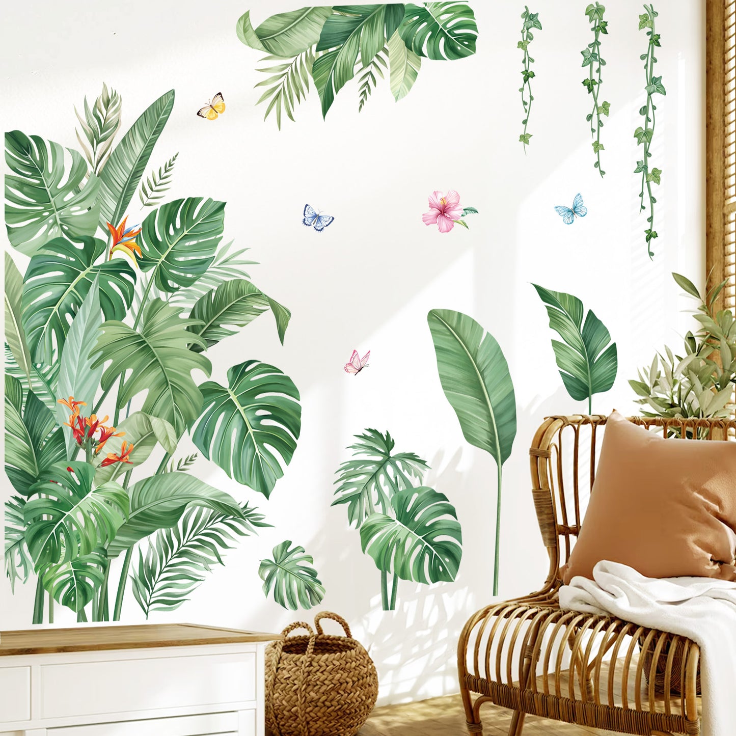 decalmile Large Green Leaves Wall Decals Tropical Palm Leaf Plant Wall Stickers